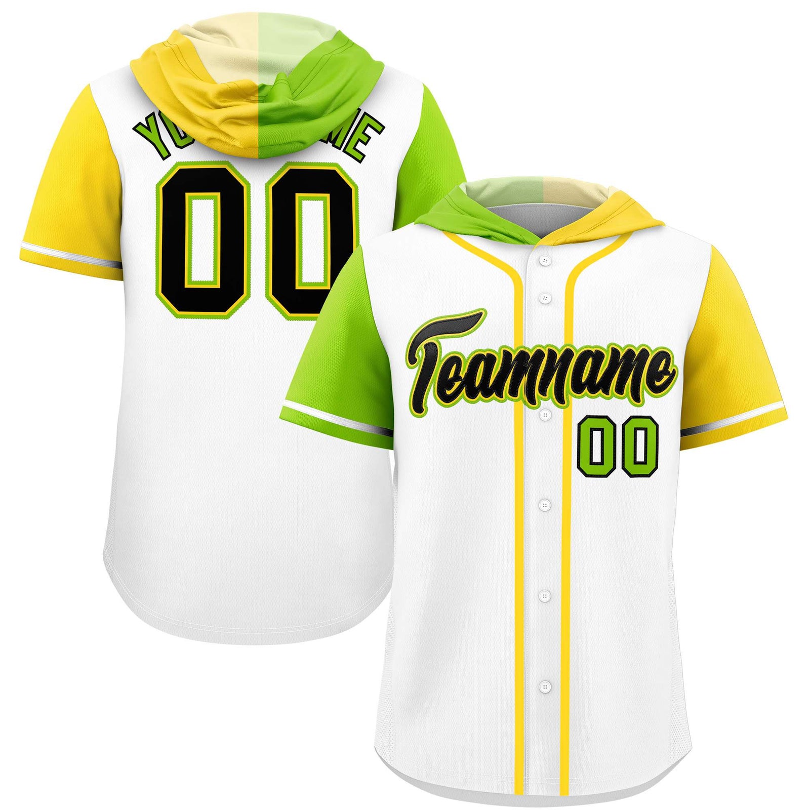 Custom White Neon Green and Gold Split Fashion Raglan Sleeves Authentic Baseball Hoodie Jersey