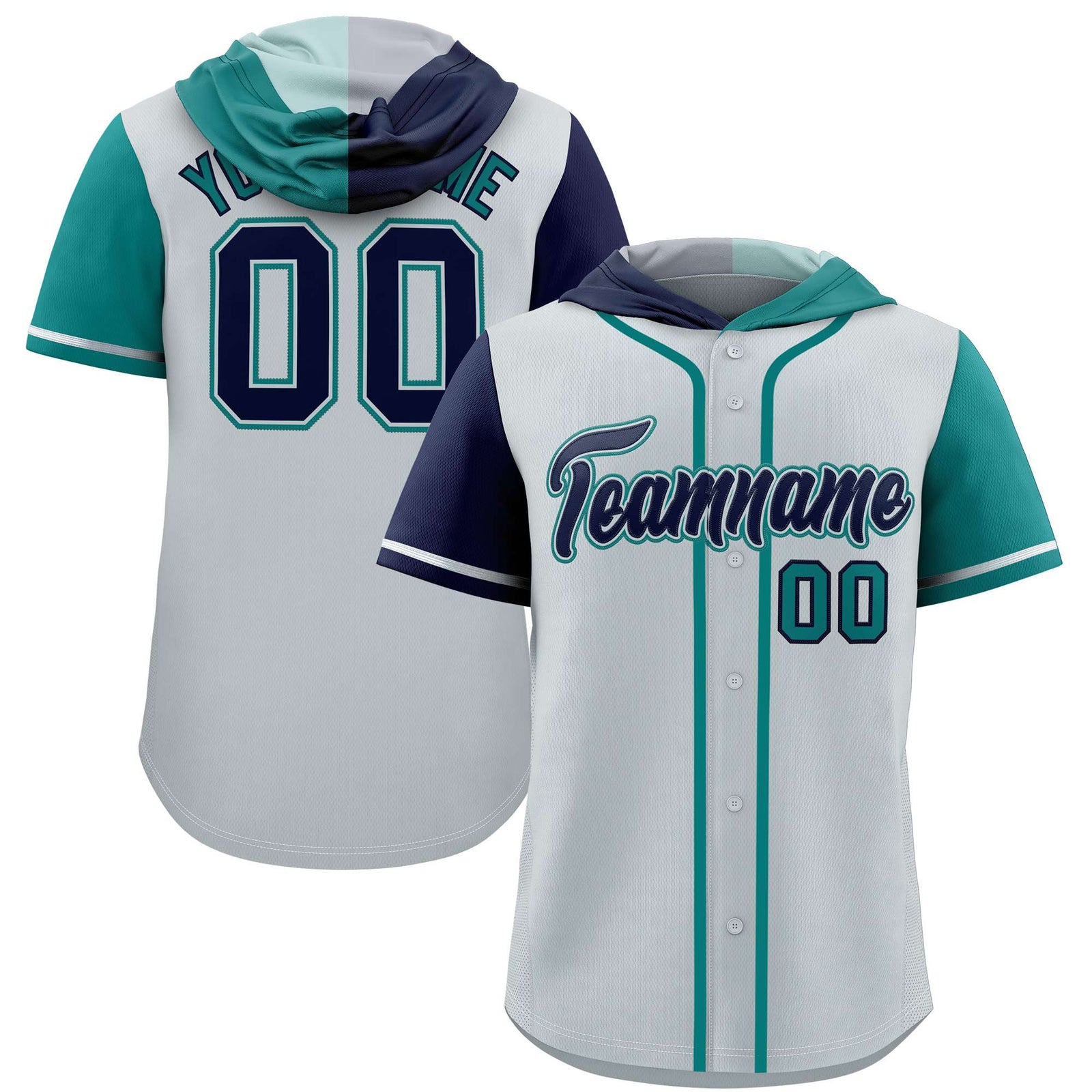 Custom Silver Navy and Aqua Split Fashion Raglan Sleeves Authentic Baseball Hoodie Jersey