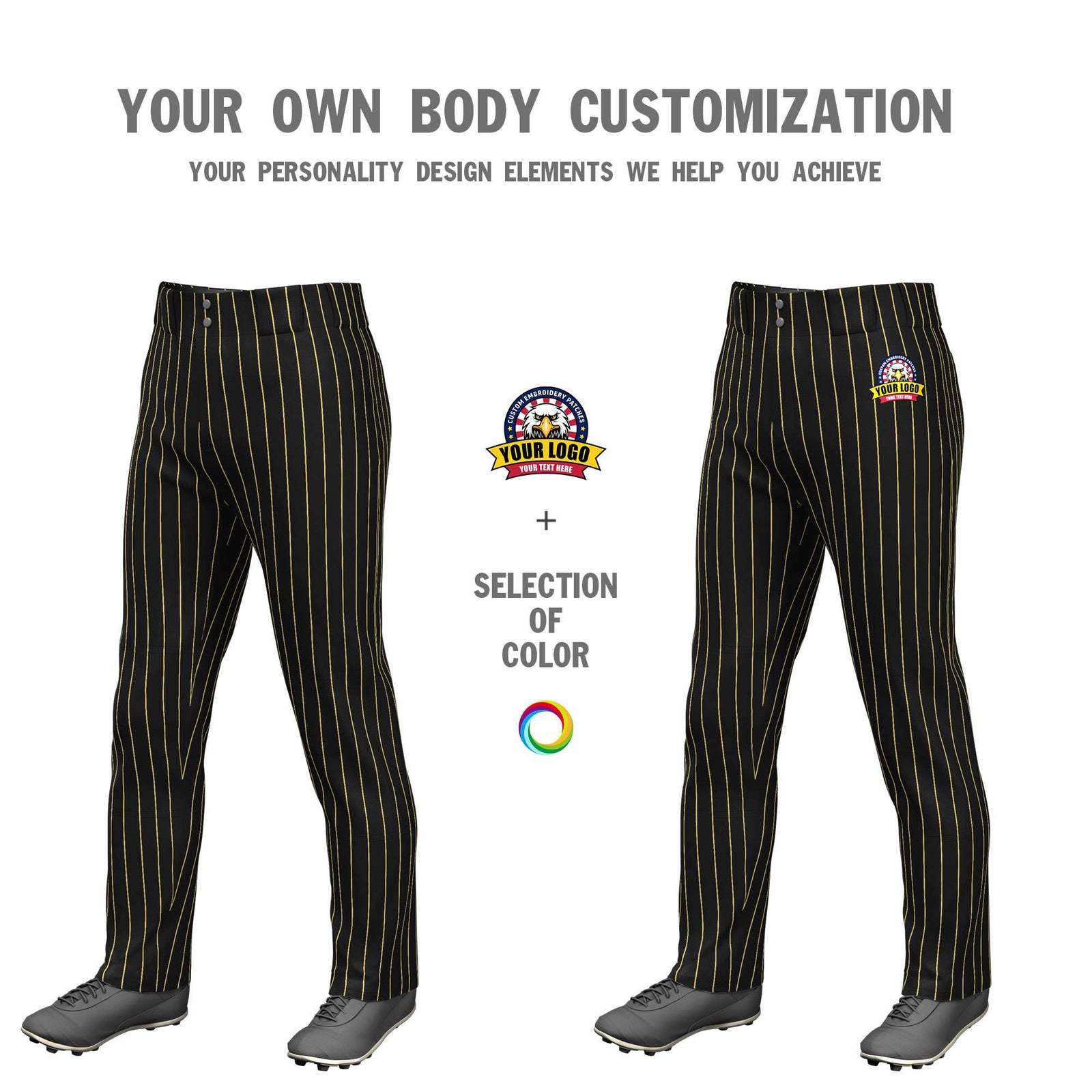Custom Black Gold Pinstripe Fit Stretch Practice Pull Up Baseball Pants