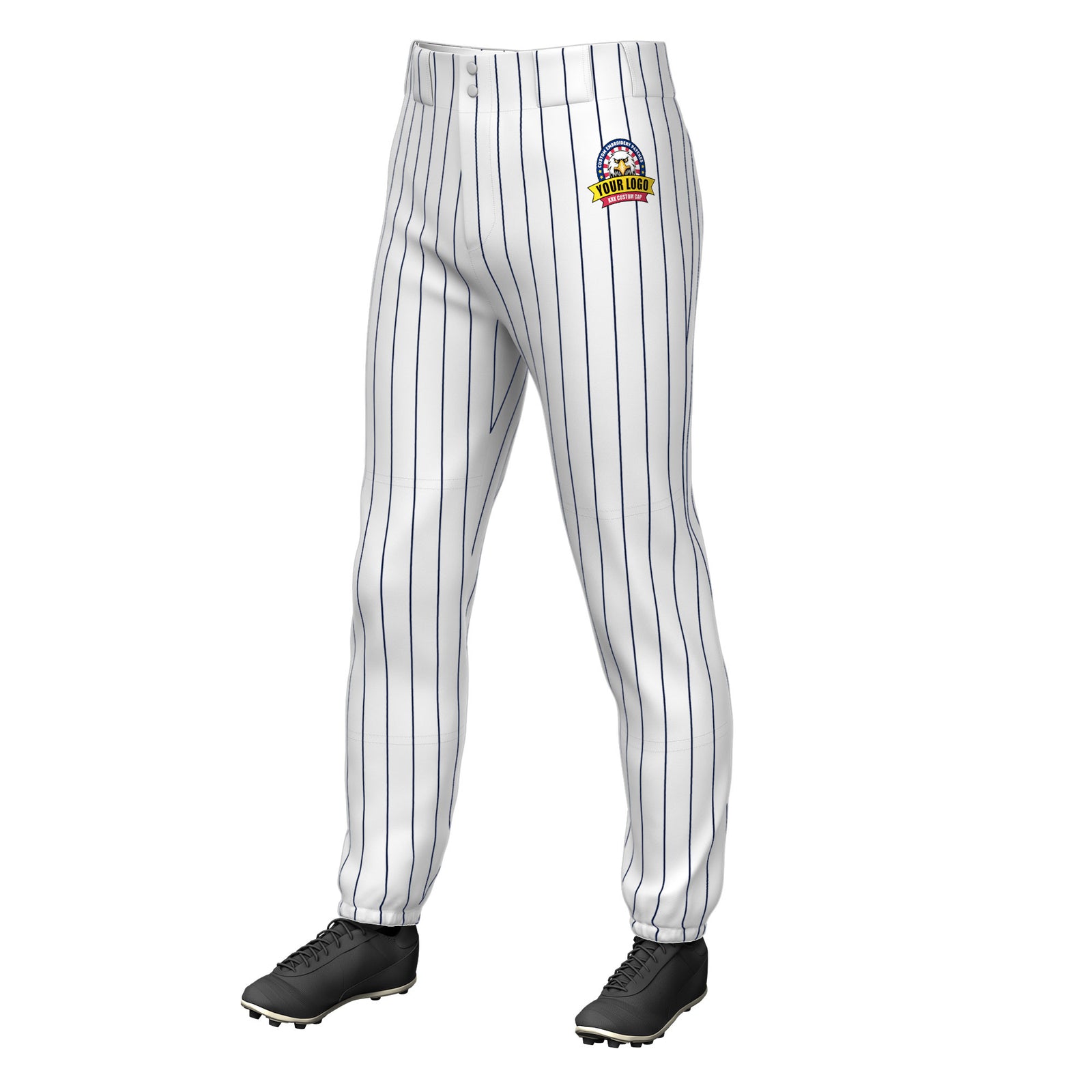 Custom White Navy Pinstripe Fit Stretch Practice Pull Up Baseball Pants