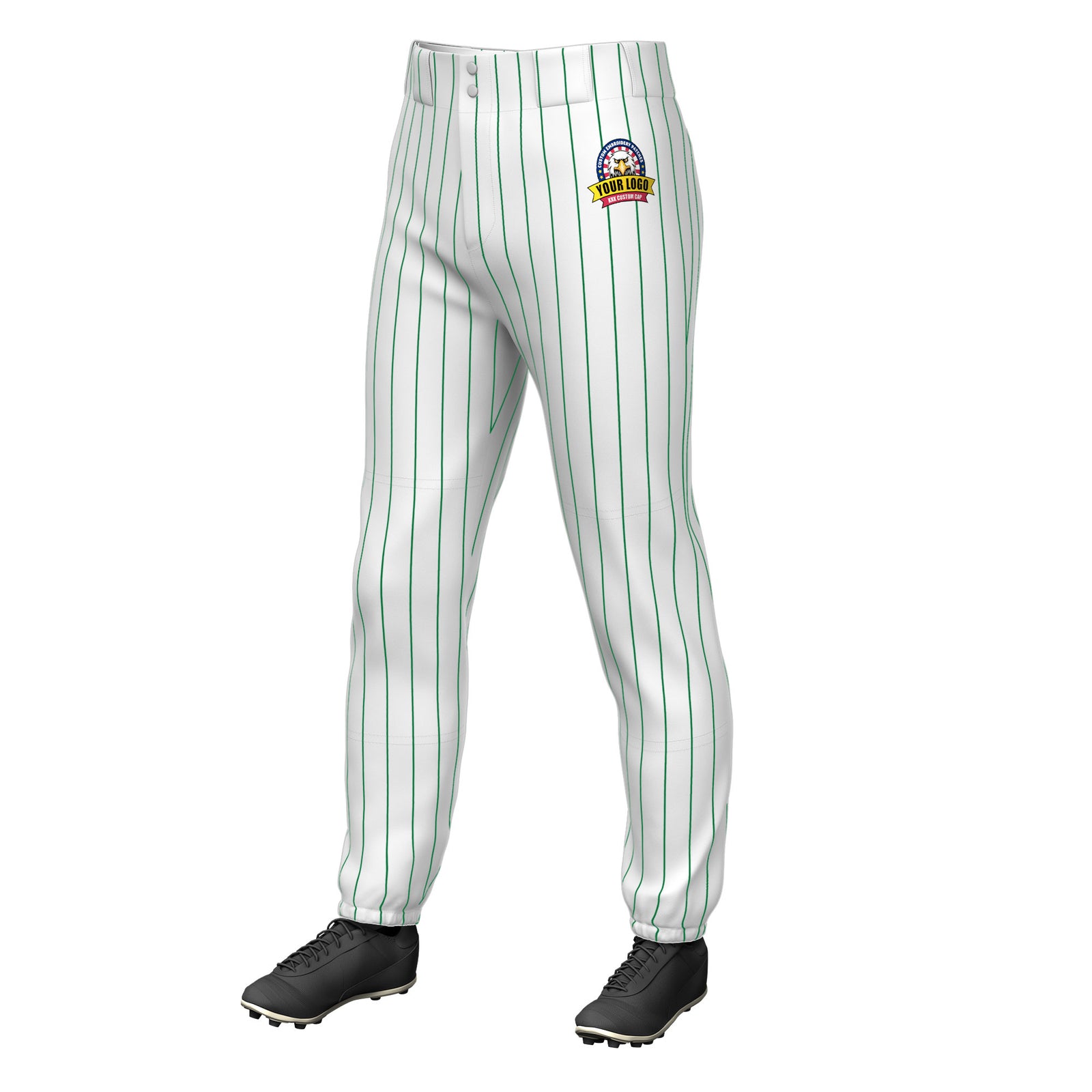 Custom White Kelly Green Pinstripe Fit Stretch Practice Pull Up Baseball Pants