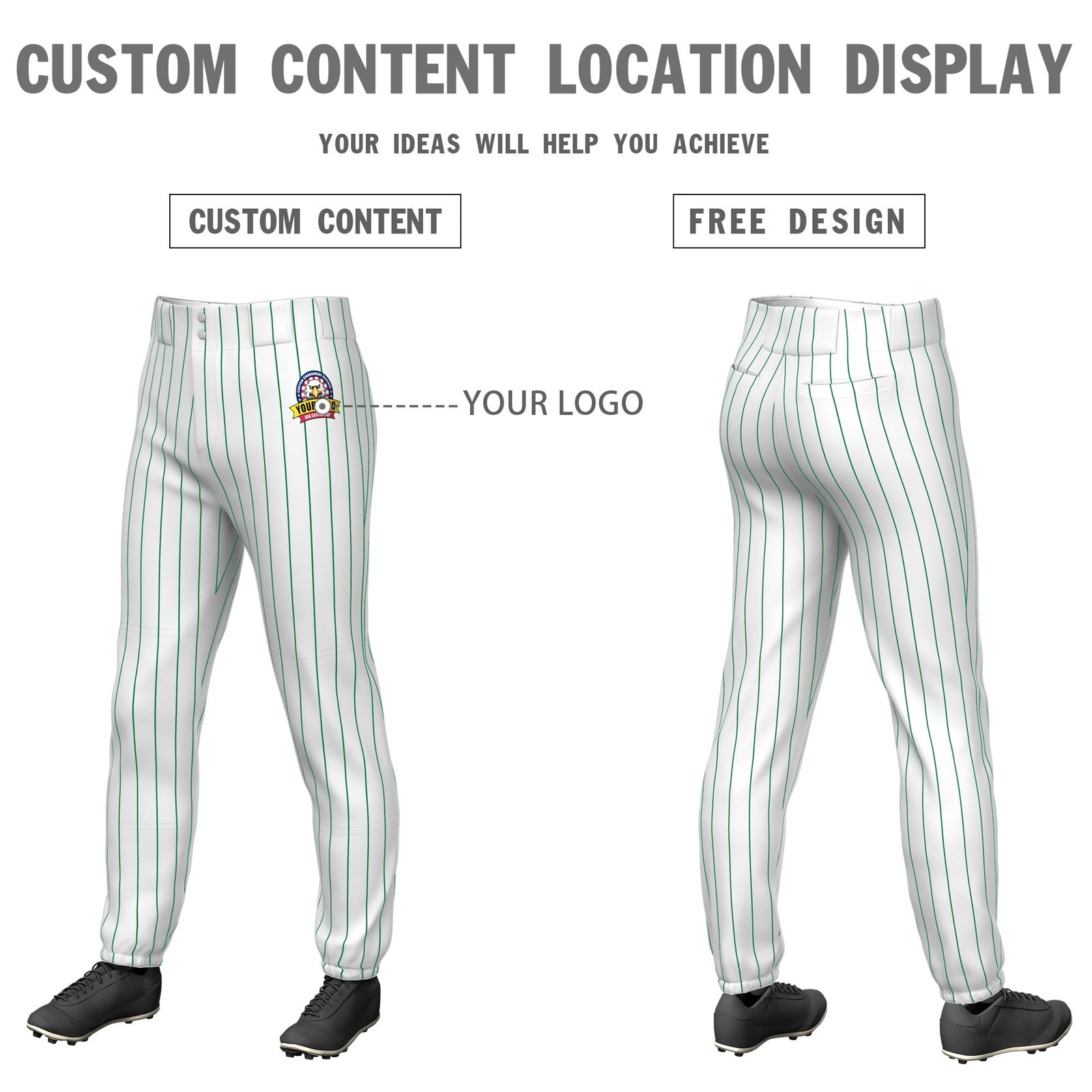 Custom White Kelly Green Pinstripe Fit Stretch Practice Pull Up Baseball Pants