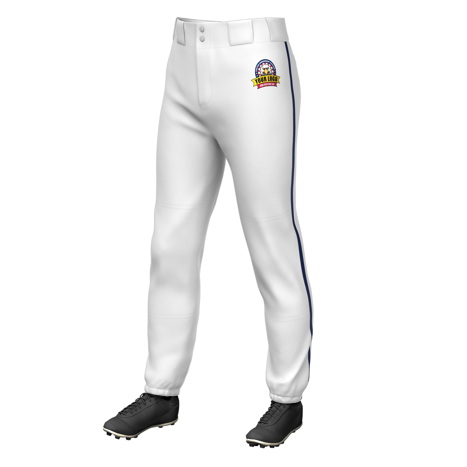 Custom White Navy Pinstripe Fit Stretch Practice Pull Up Baseball Pants