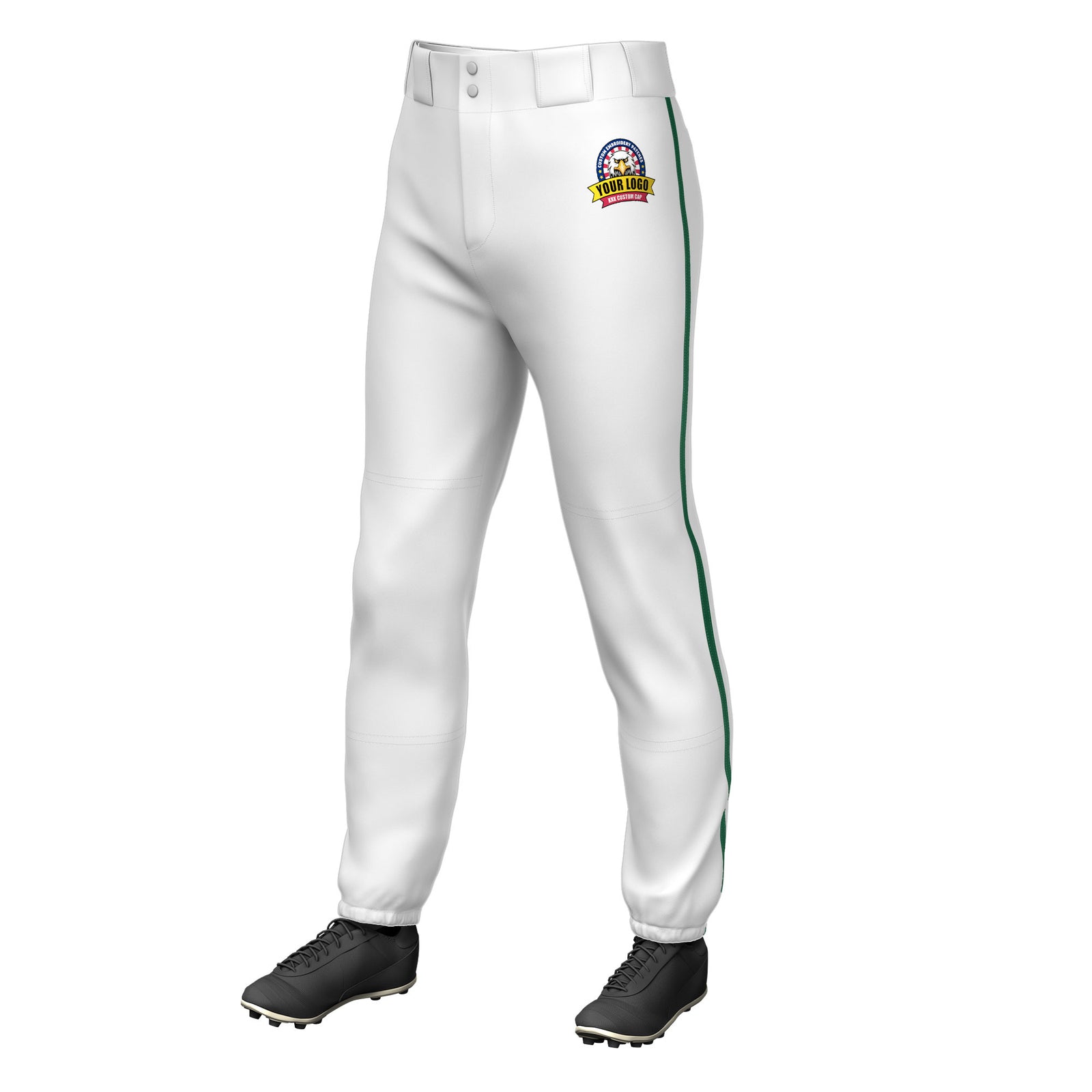 Custom White Kelly Green Pinstripe Fit Stretch Practice Pull Up Baseball Pants