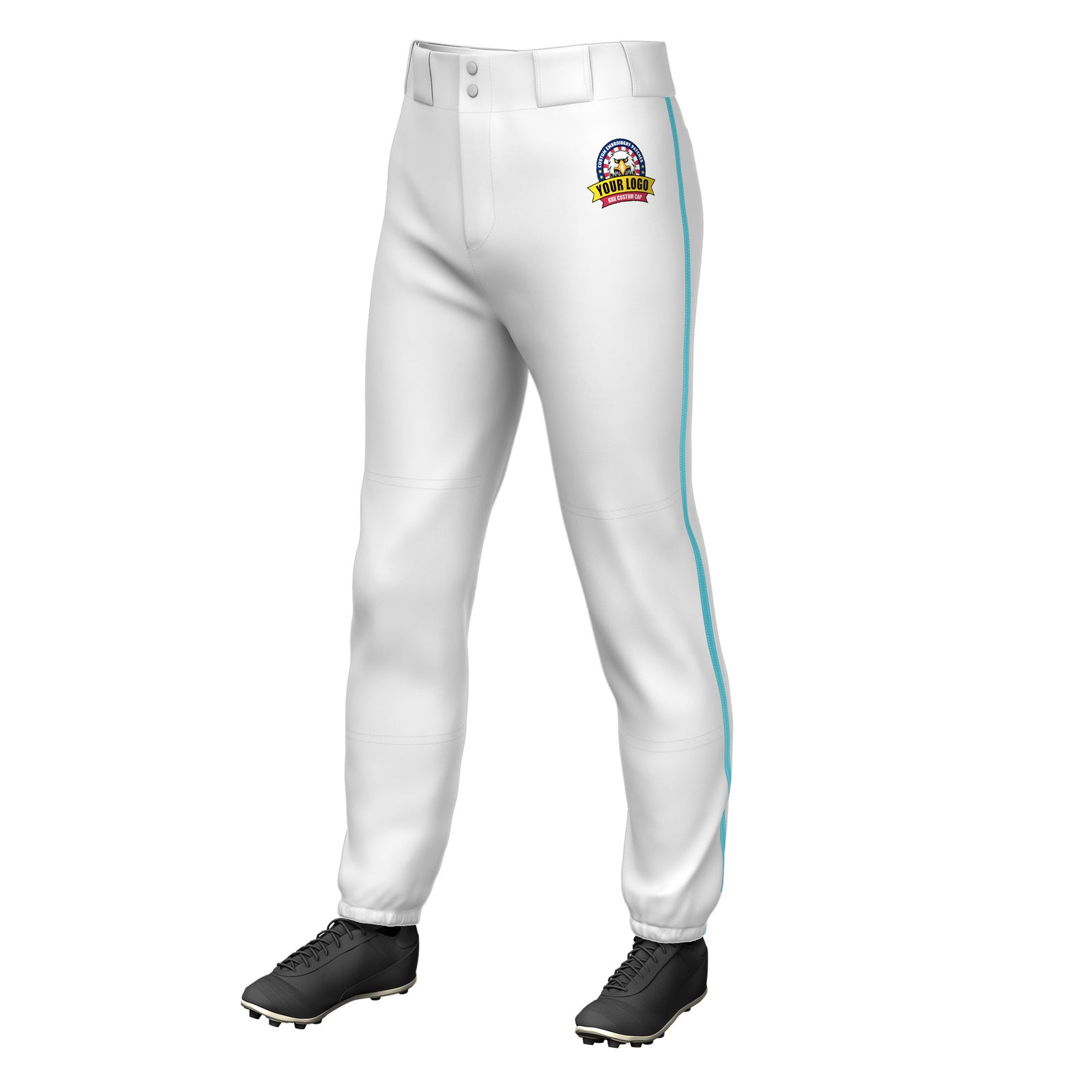Custom White Sky Blue Pinstripe Fit Stretch Practice Pull Up Baseball Pants