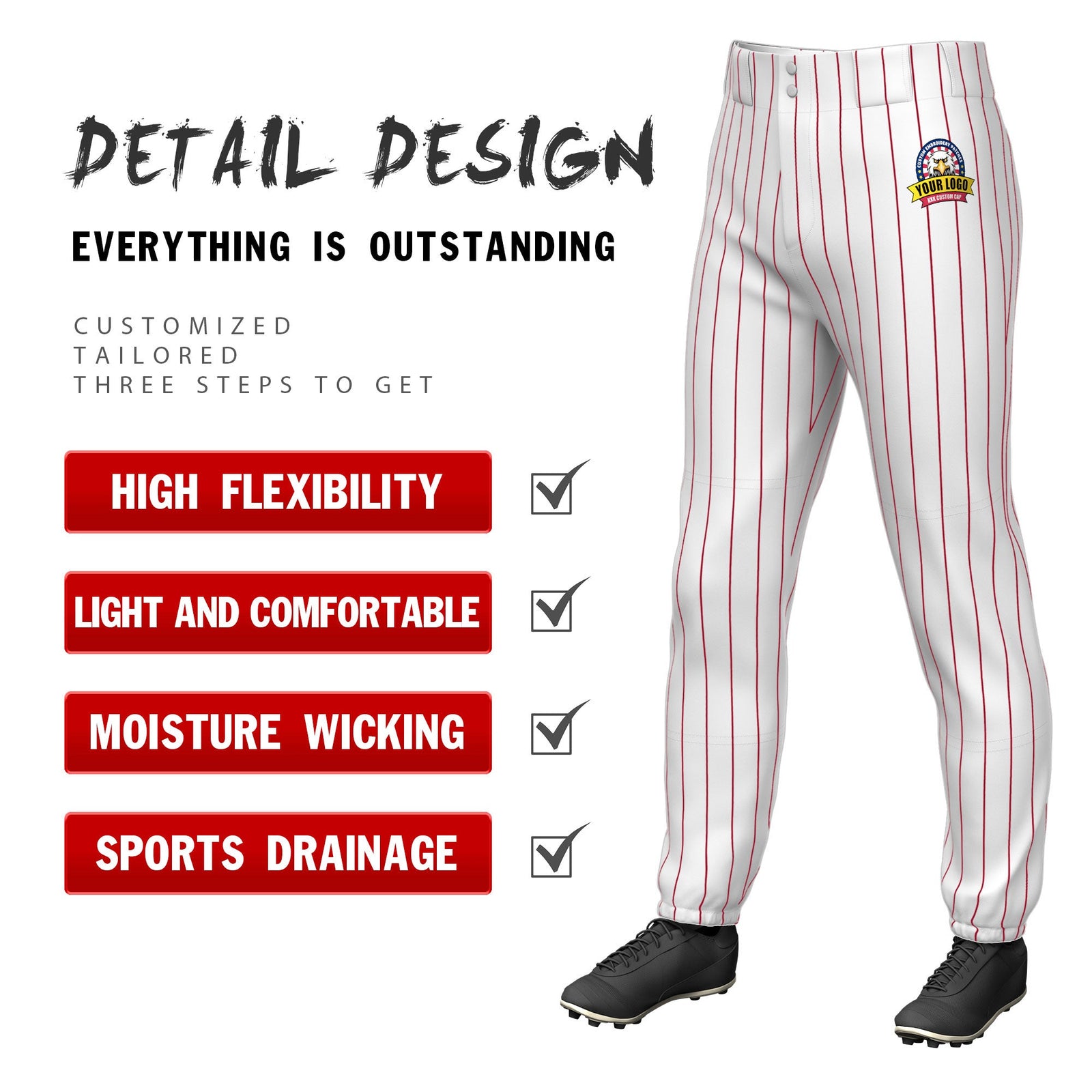 Custom Cadmium Orange Red Pinstripe Fit Stretch Practice Pull Up Baseball Pants