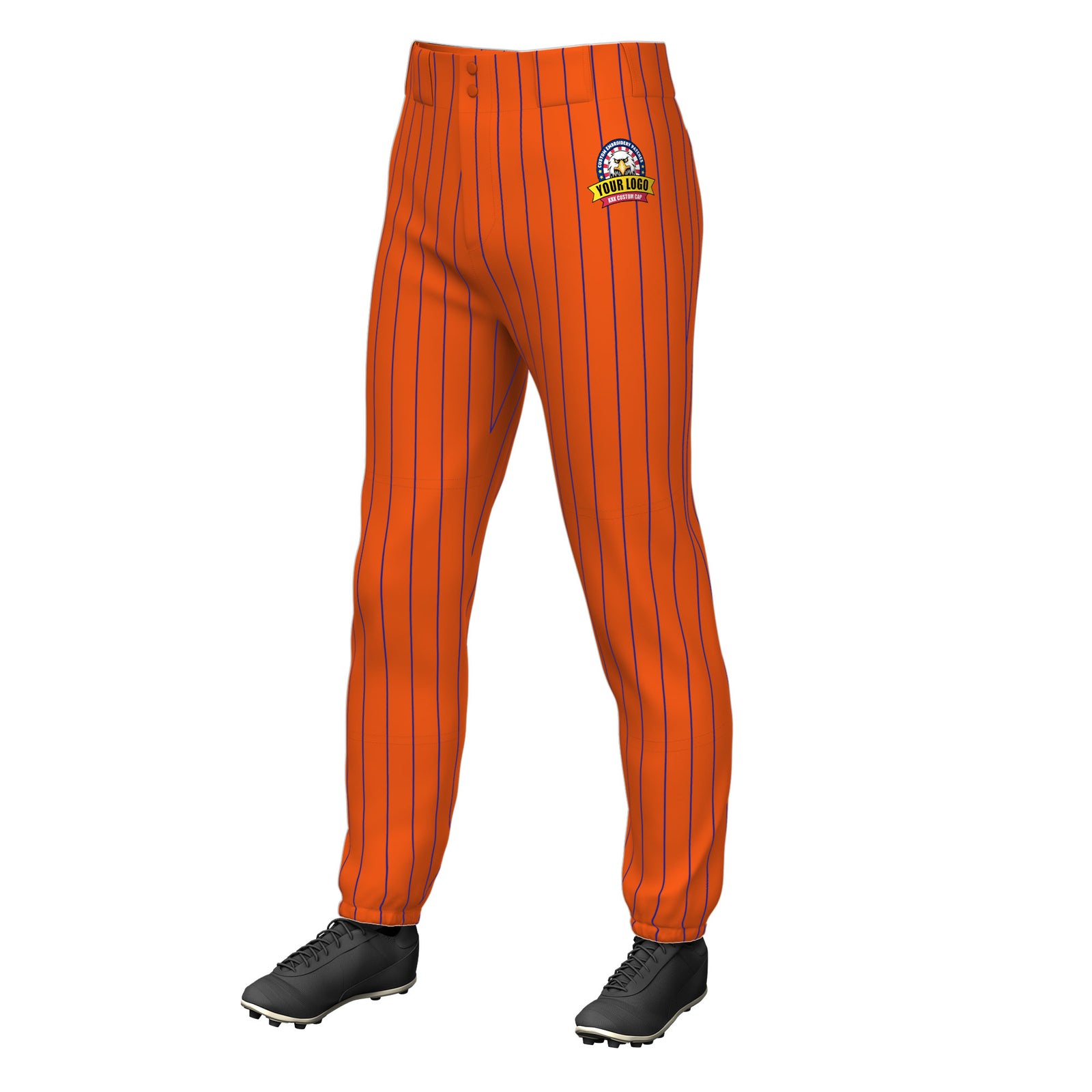 Custom Cadmium Orange Royal Pinstripe Fit Stretch Practice Pull Up Baseball Pants
