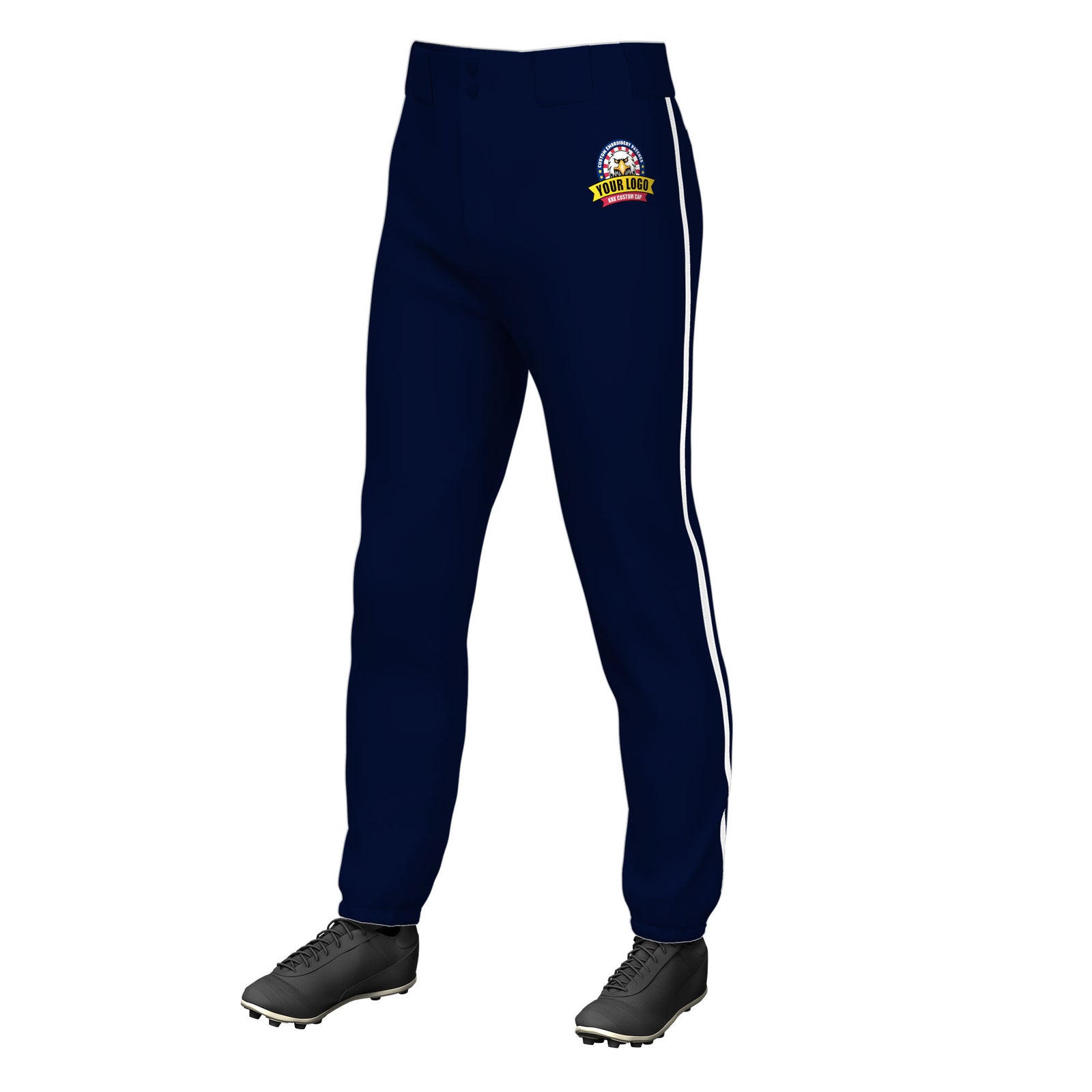 Custom Navy White Pinstripe Fit Stretch Practice Pull Up Baseball Pants
