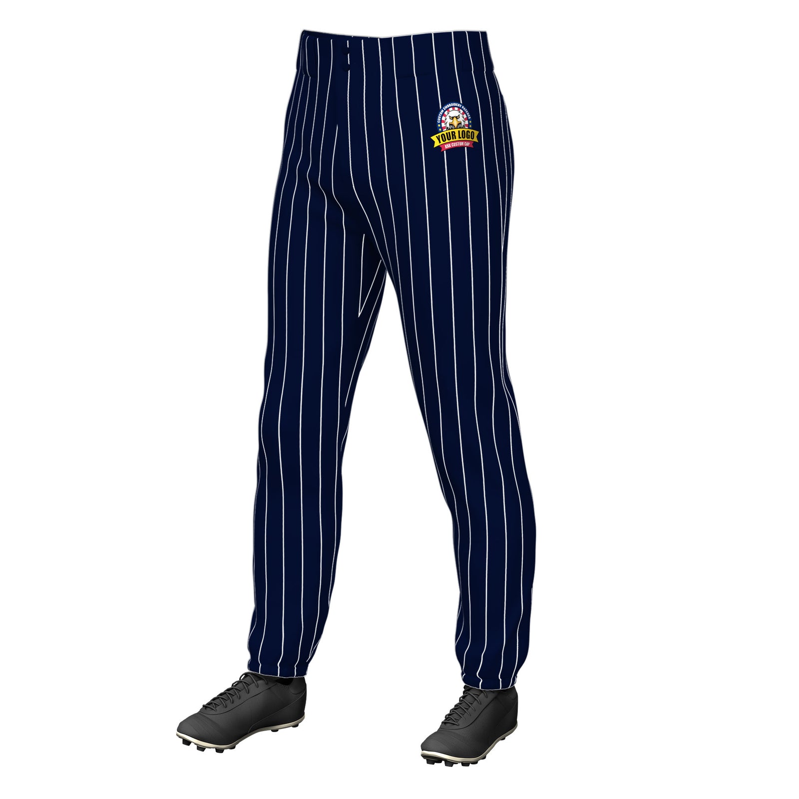 Custom Navy White Pinstripe Fit Stretch Practice Pull Up Baseball Pants