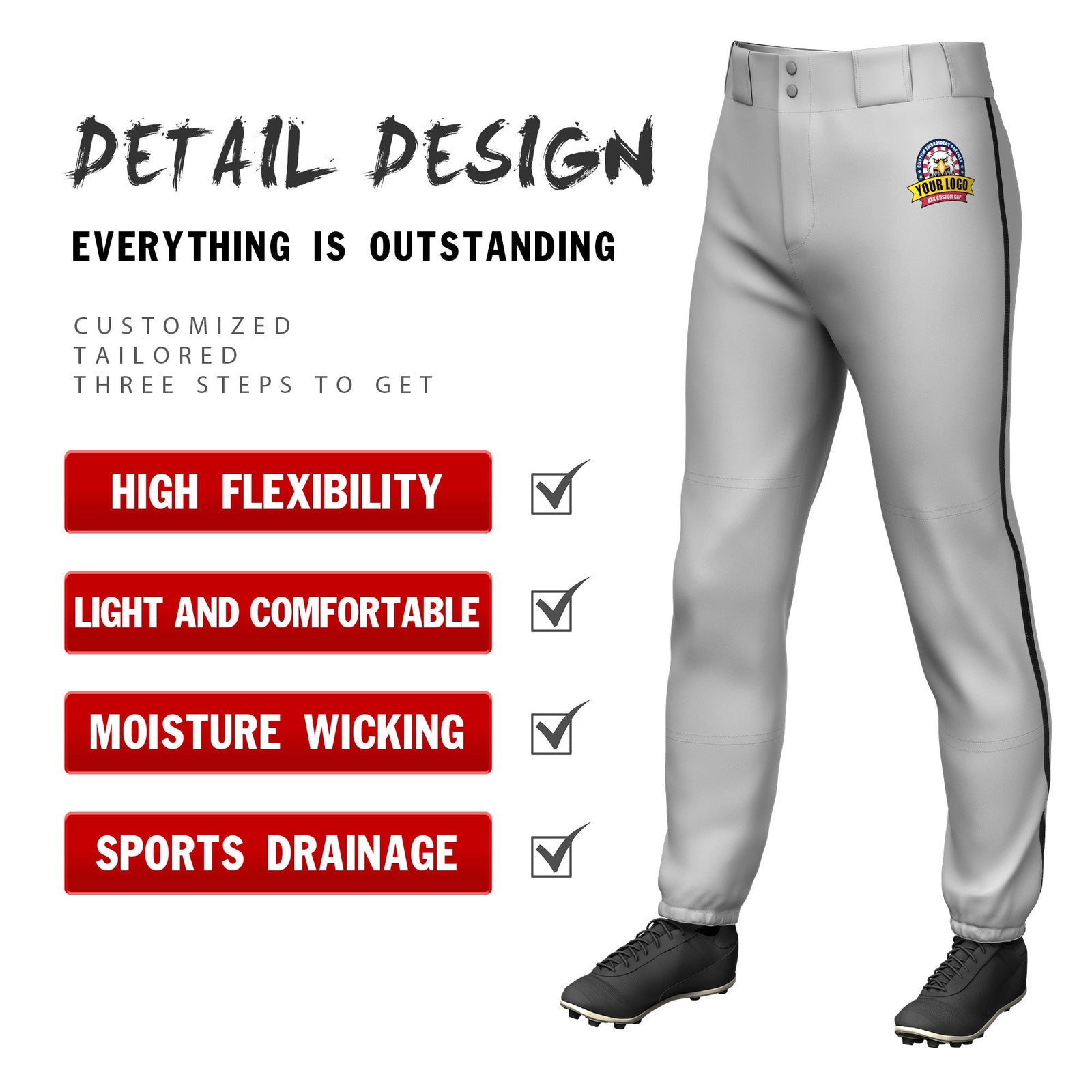 Custom Gray Black Pinstripe Fit Stretch Practice Pull Up Baseball Pants