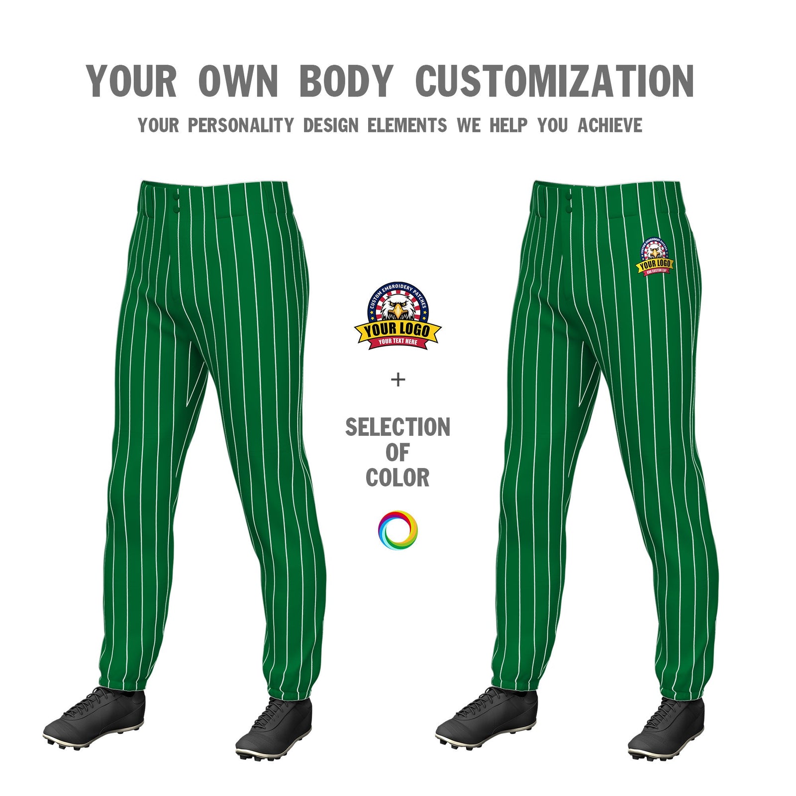 Custom Kelly Green White Pinstripe Fit Stretch Practice Pull Up Baseball Pants