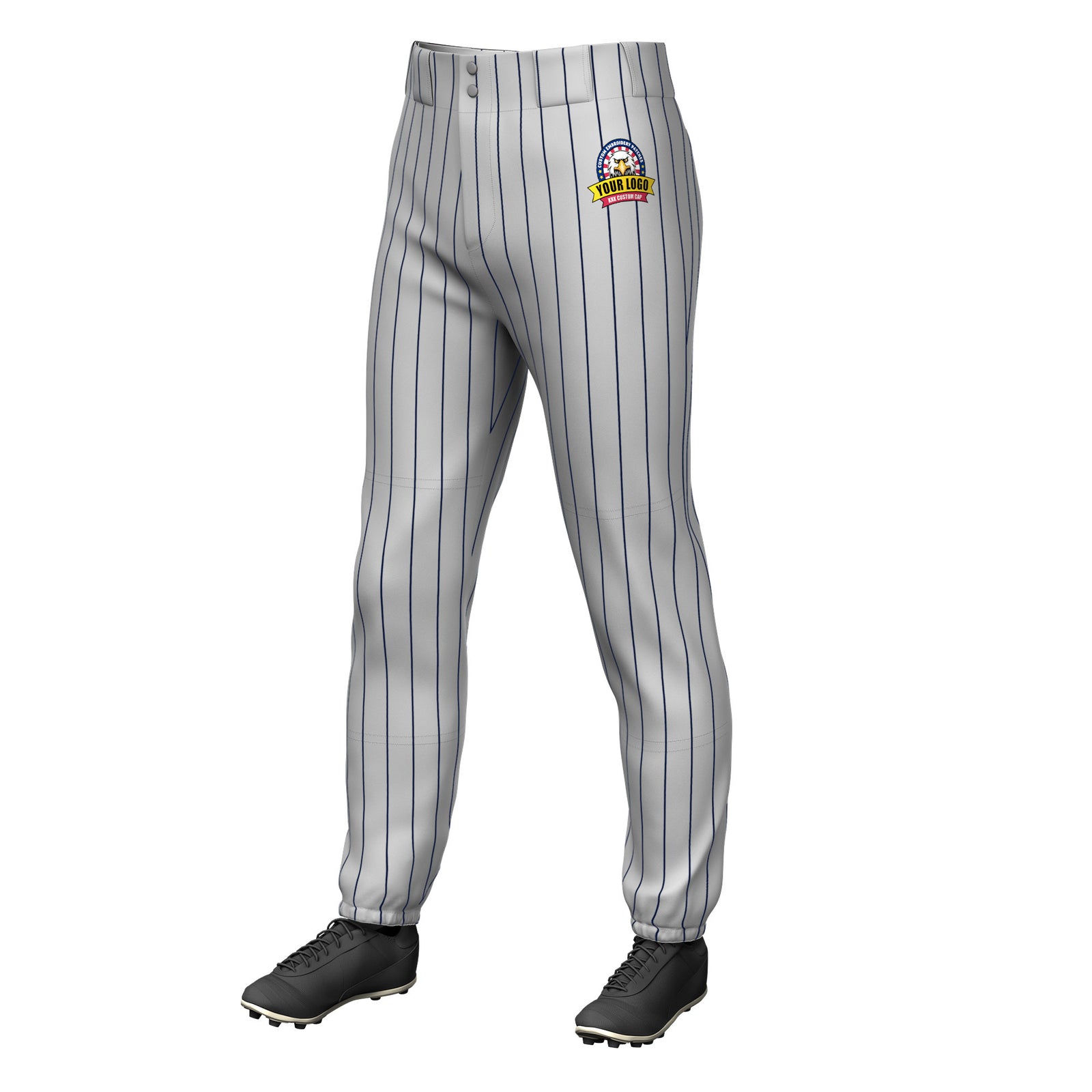 Custom Gray Navy Pinstripe Fit Stretch Practice Pull Up Baseball Pants