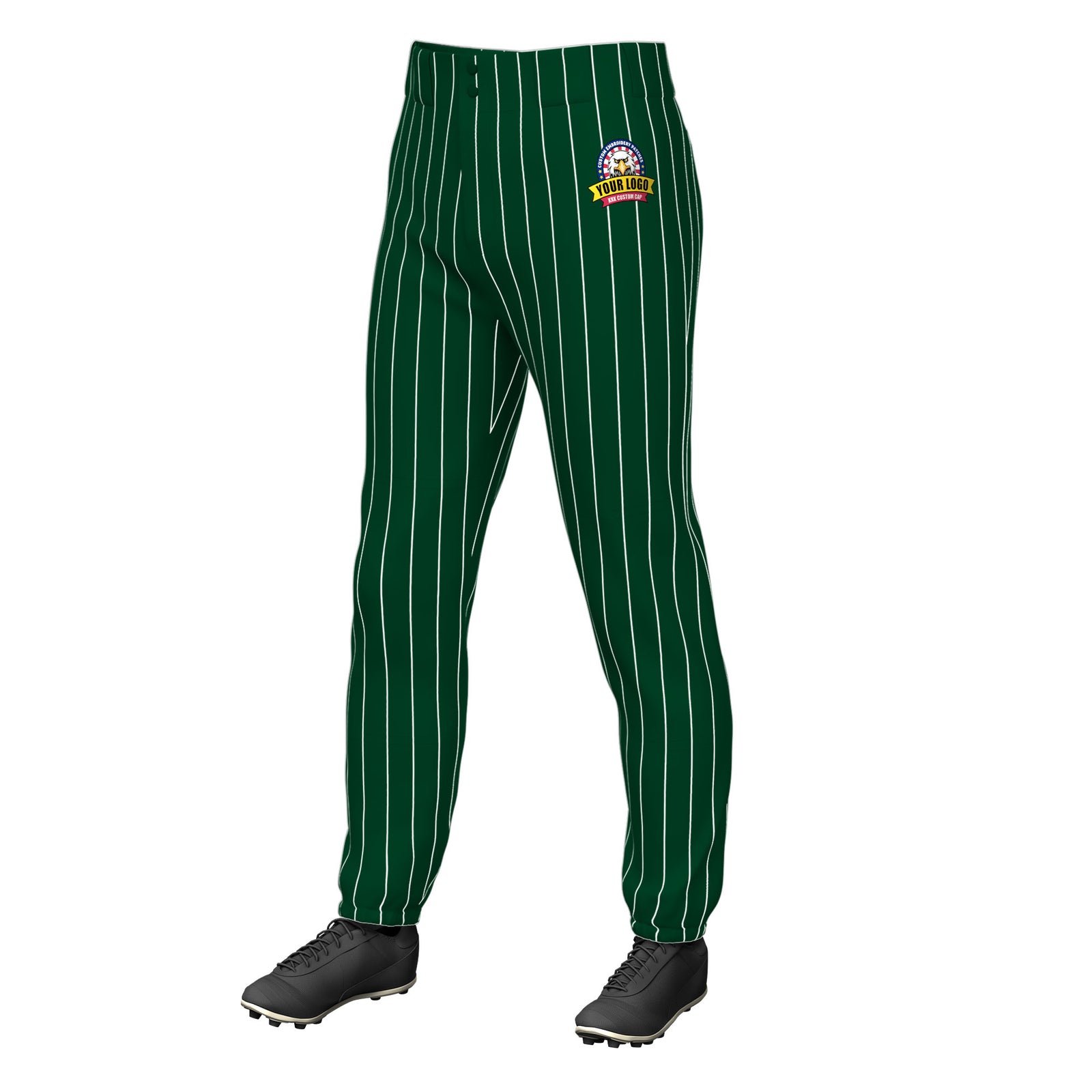Custom Green White Pinstripe Fit Stretch Practice Pull Up Baseball Pants
