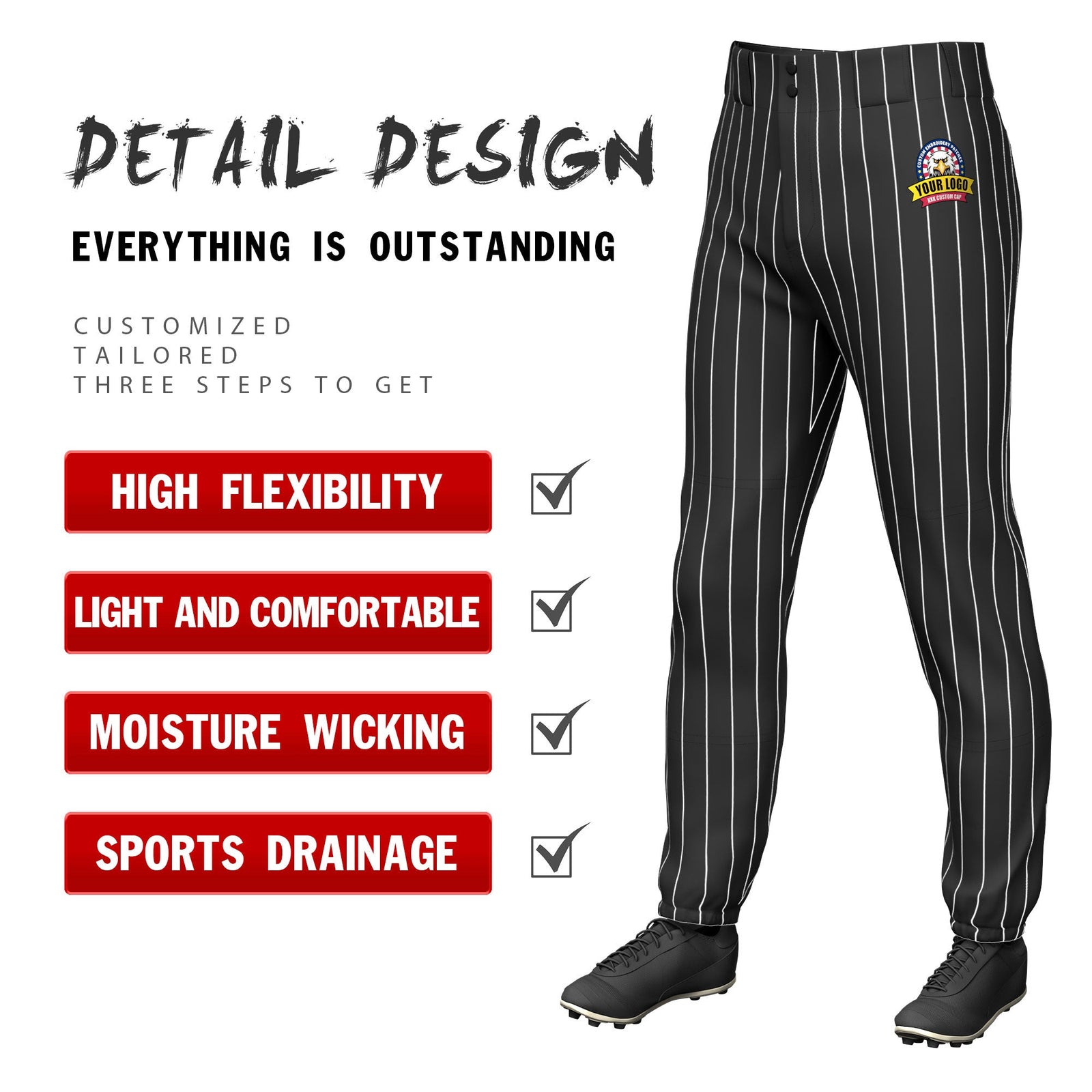 Custom Black White Pinstripe Fit Stretch Practice Pull Up Baseball Pants
