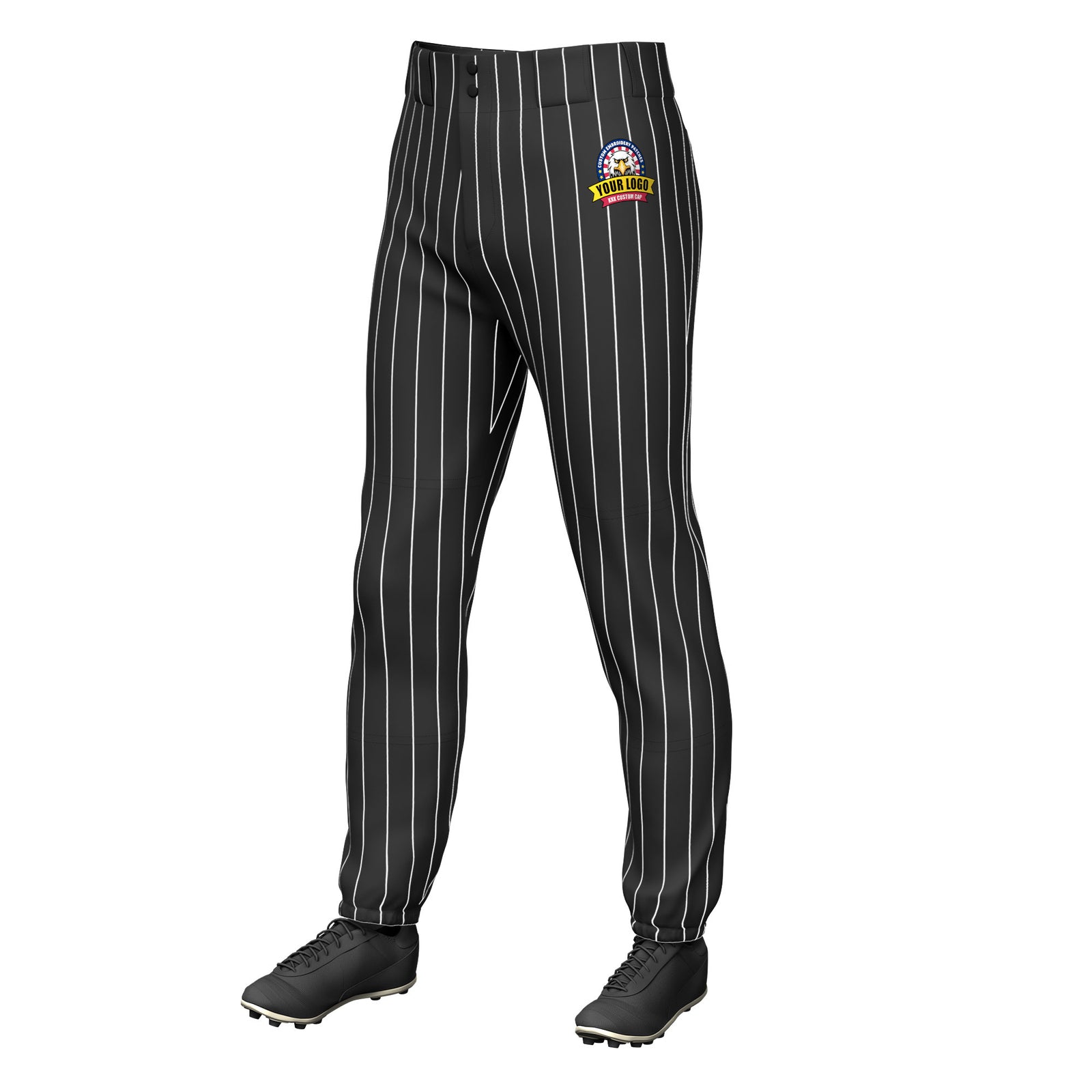 Custom Black White Pinstripe Fit Stretch Practice Pull Up Baseball Pants