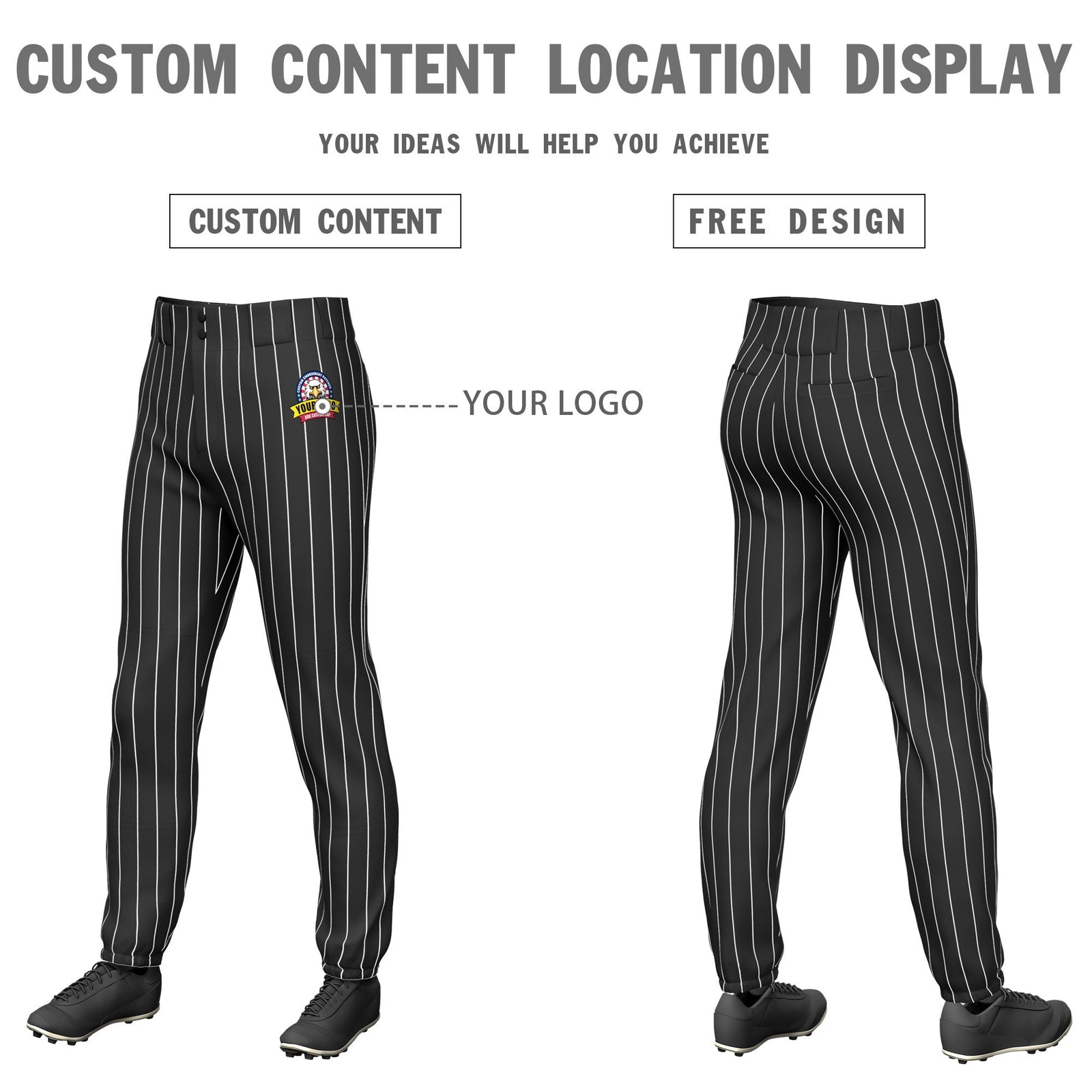 Custom Black White Pinstripe Fit Stretch Practice Pull Up Baseball Pants