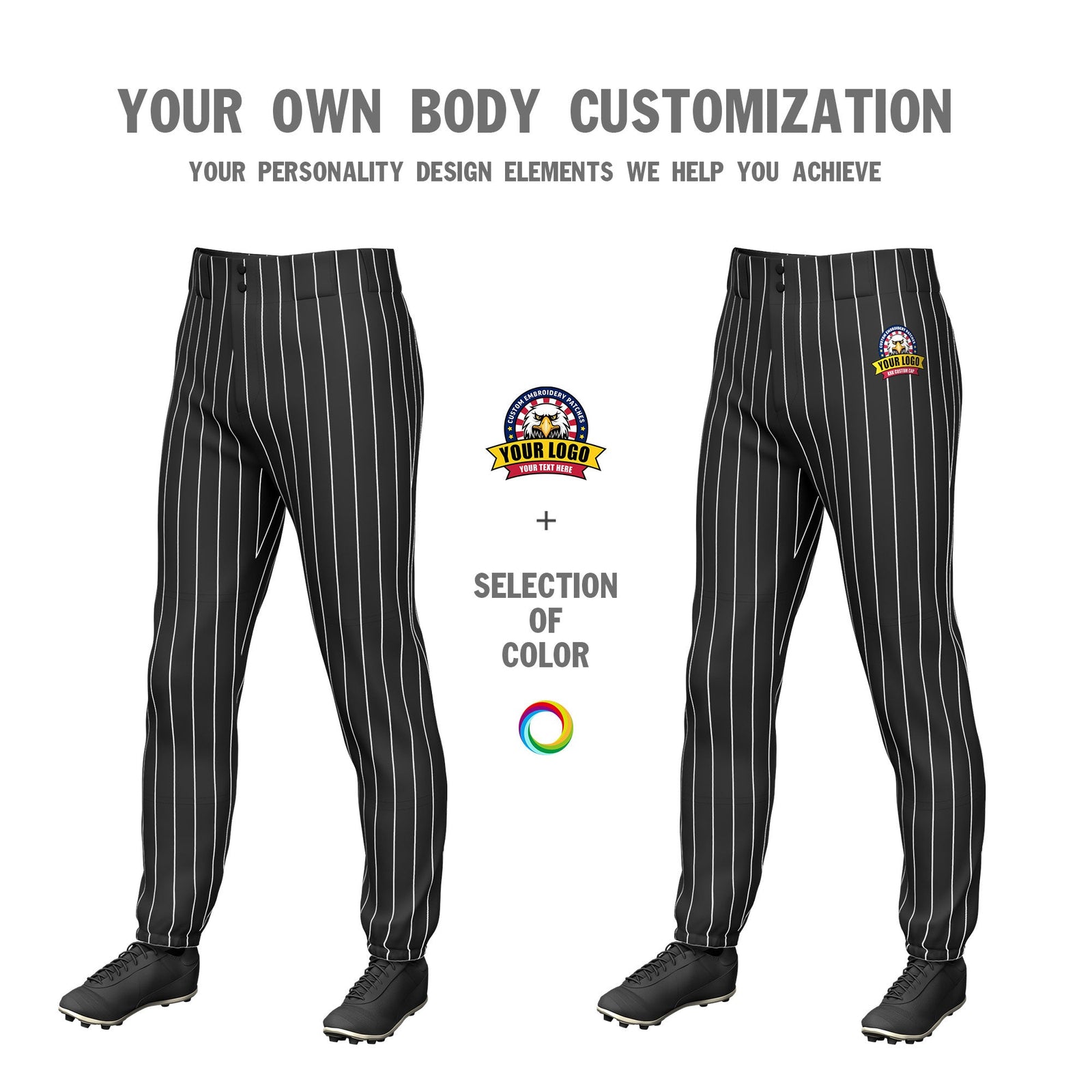 Custom Black White Pinstripe Fit Stretch Practice Pull Up Baseball Pants