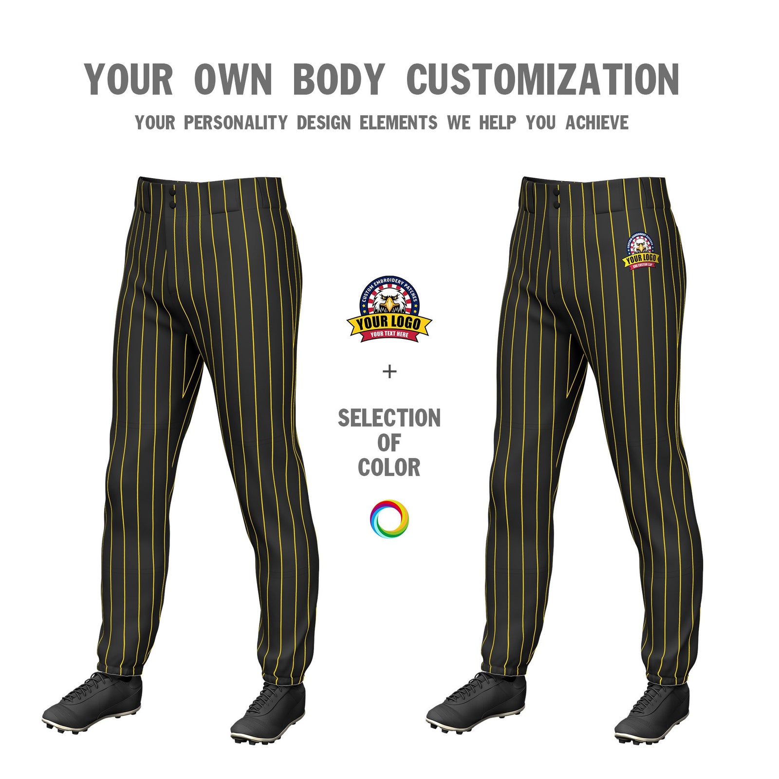 Custom Black Gold Pinstripe Fit Stretch Practice Pull Up Baseball Pants