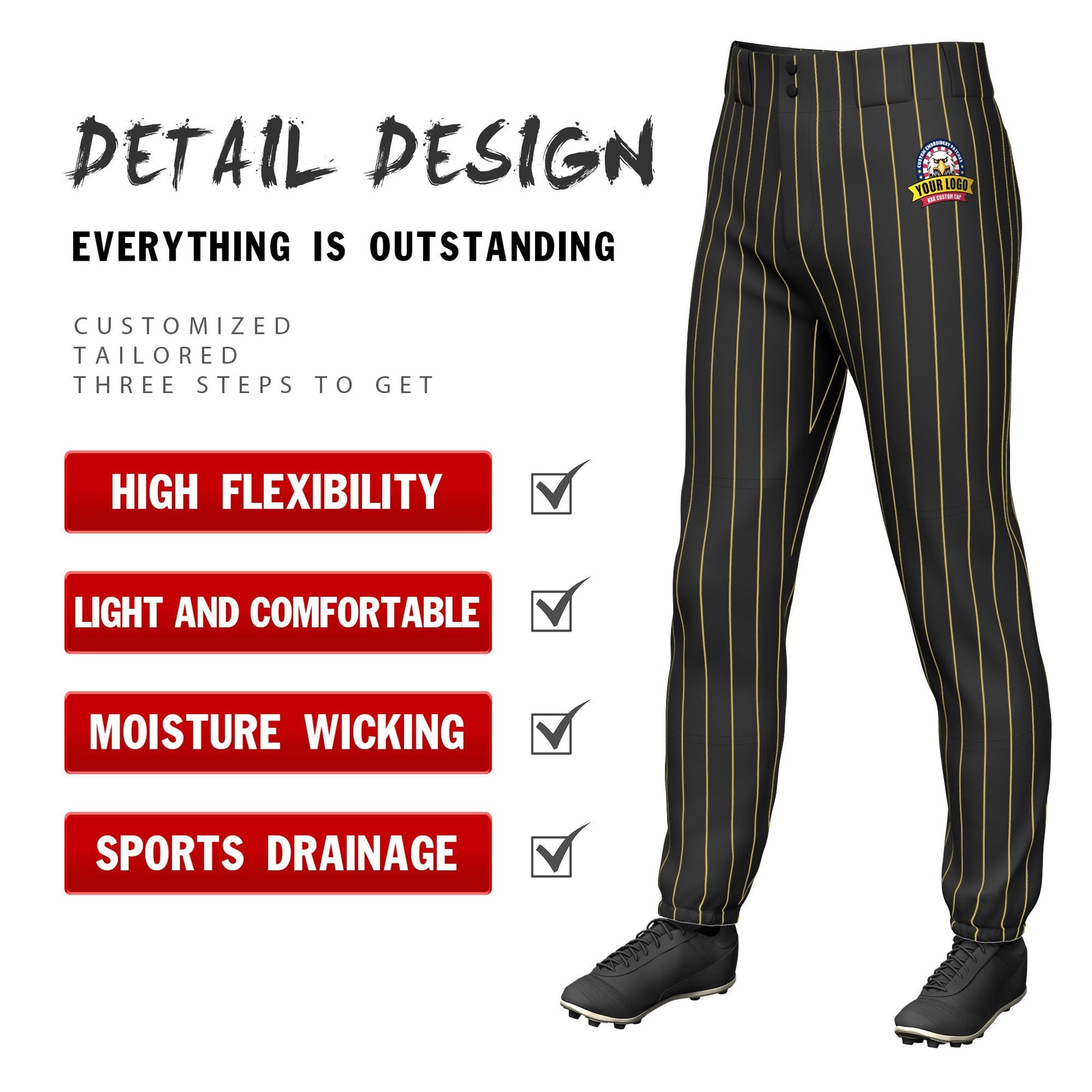 Custom Black Gold Pinstripe Fit Stretch Practice Pull Up Baseball Pants