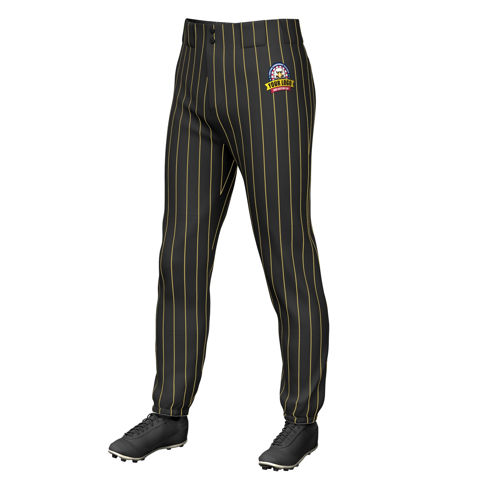 Custom Black Gold Pinstripe Fit Stretch Practice Pull Up Baseball Pants