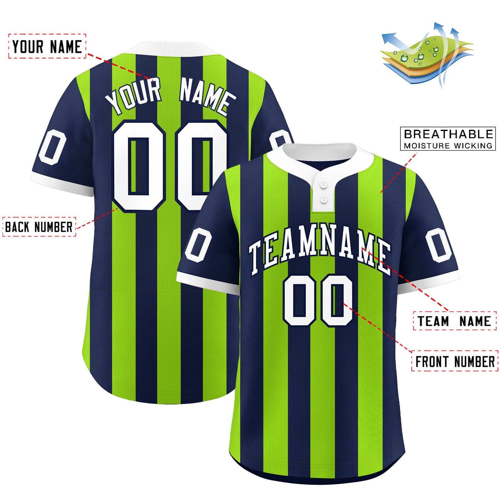 Custom Navy Neon Green Stripe Fashion Authentic Two-Button Softball Jersey
