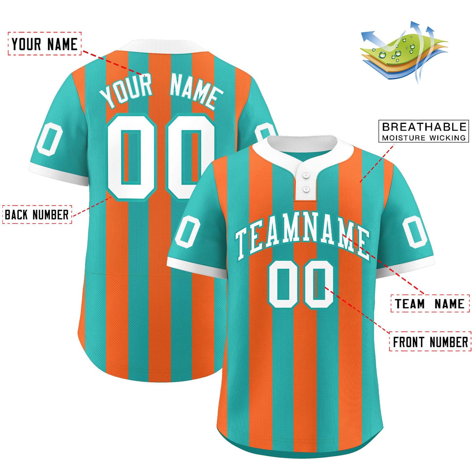 Custom Aqua Orange Stripe Fashion Authentic Two-Button Softball Jersey