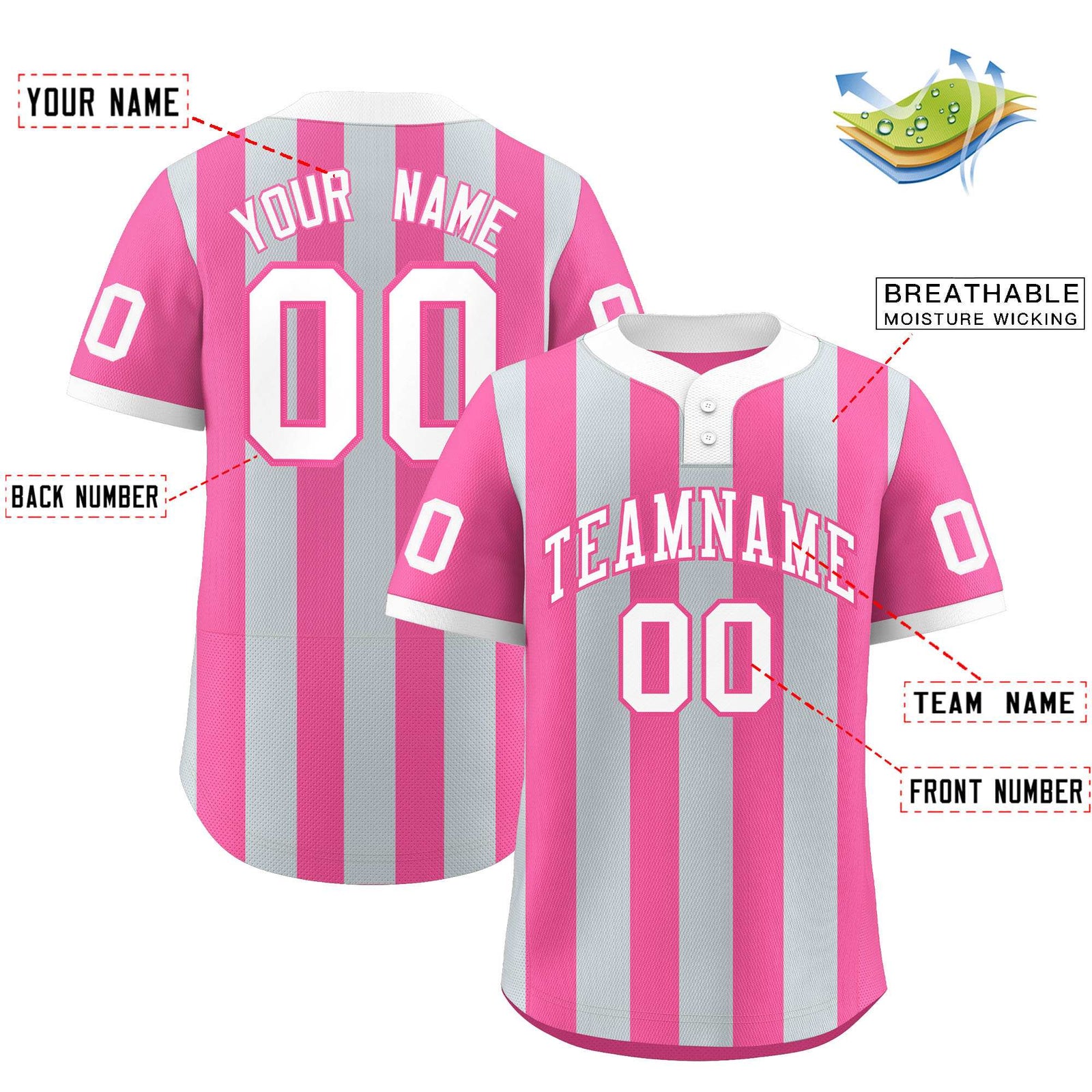 Custom Silver Pink Stripe Fashion Authentic Two-Button Softball Jersey