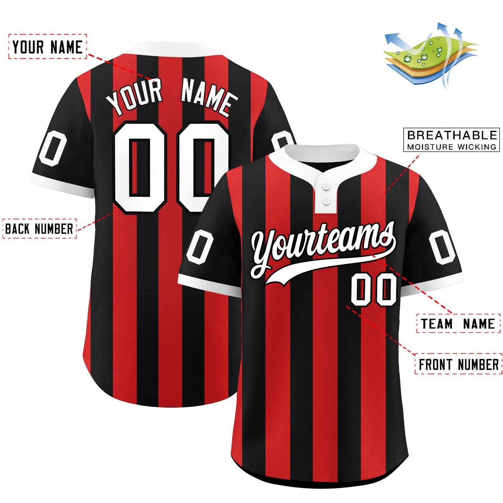 Custom Black Red Stripe Fashion Authentic Two-Button Softball Jersey