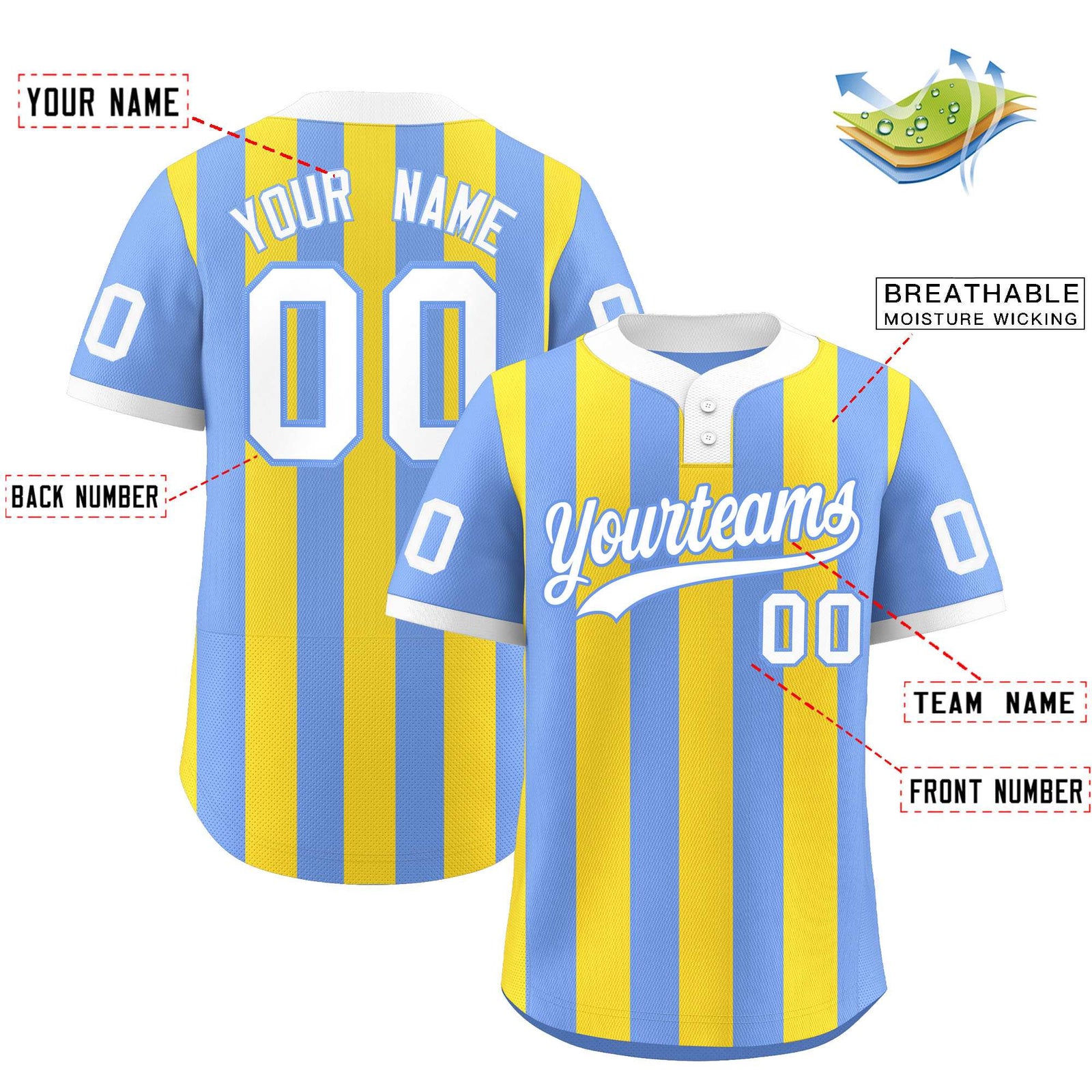 Custom Light Blue Gold Stripe Fashion Authentic Two-Button Softball Jersey