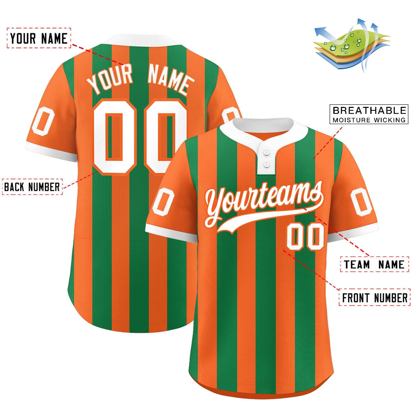Custom Orange Kelly Green Stripe Fashion Authentic Two-Button Softball Jersey