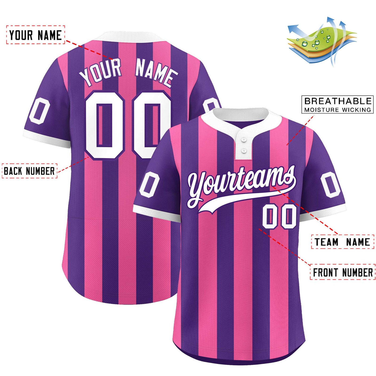 Custom Purple Pink Stripe Fashion Authentic Two-Button Softball Jersey