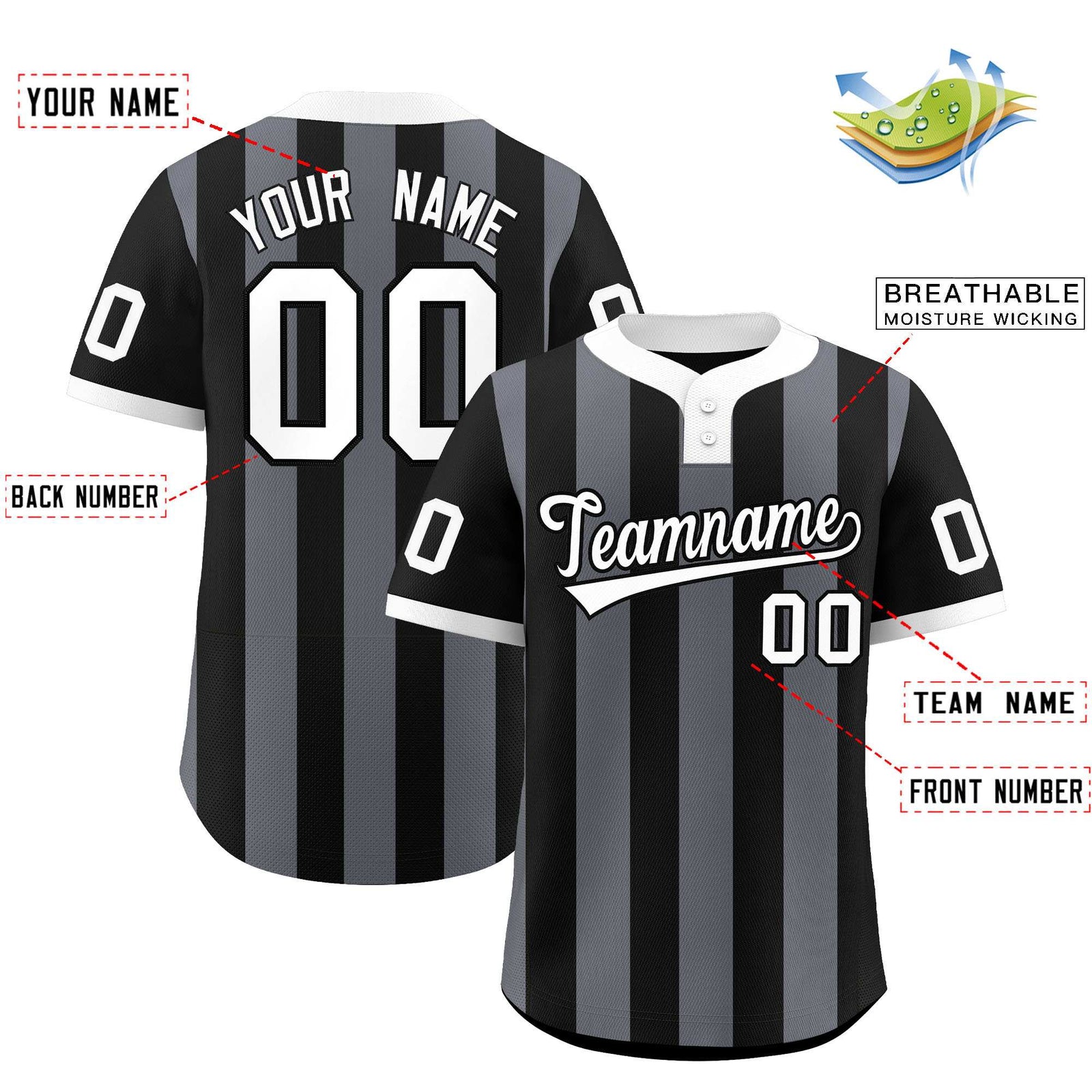Custom Black Dark Gray Stripe Fashion Authentic Two-Button Softball Jersey