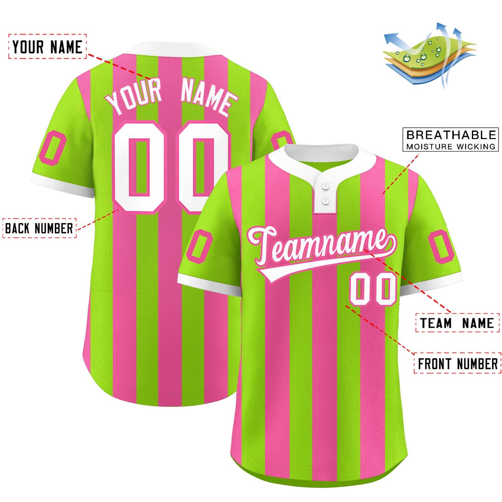 Custom Neon Green Pink Stripe Fashion Authentic Two-Button Softball Jersey