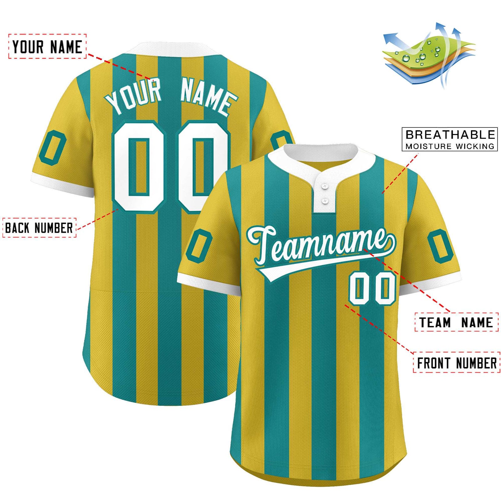 Custom Old Gold Aqua Stripe Fashion Authentic Two-Button Softball Jersey
