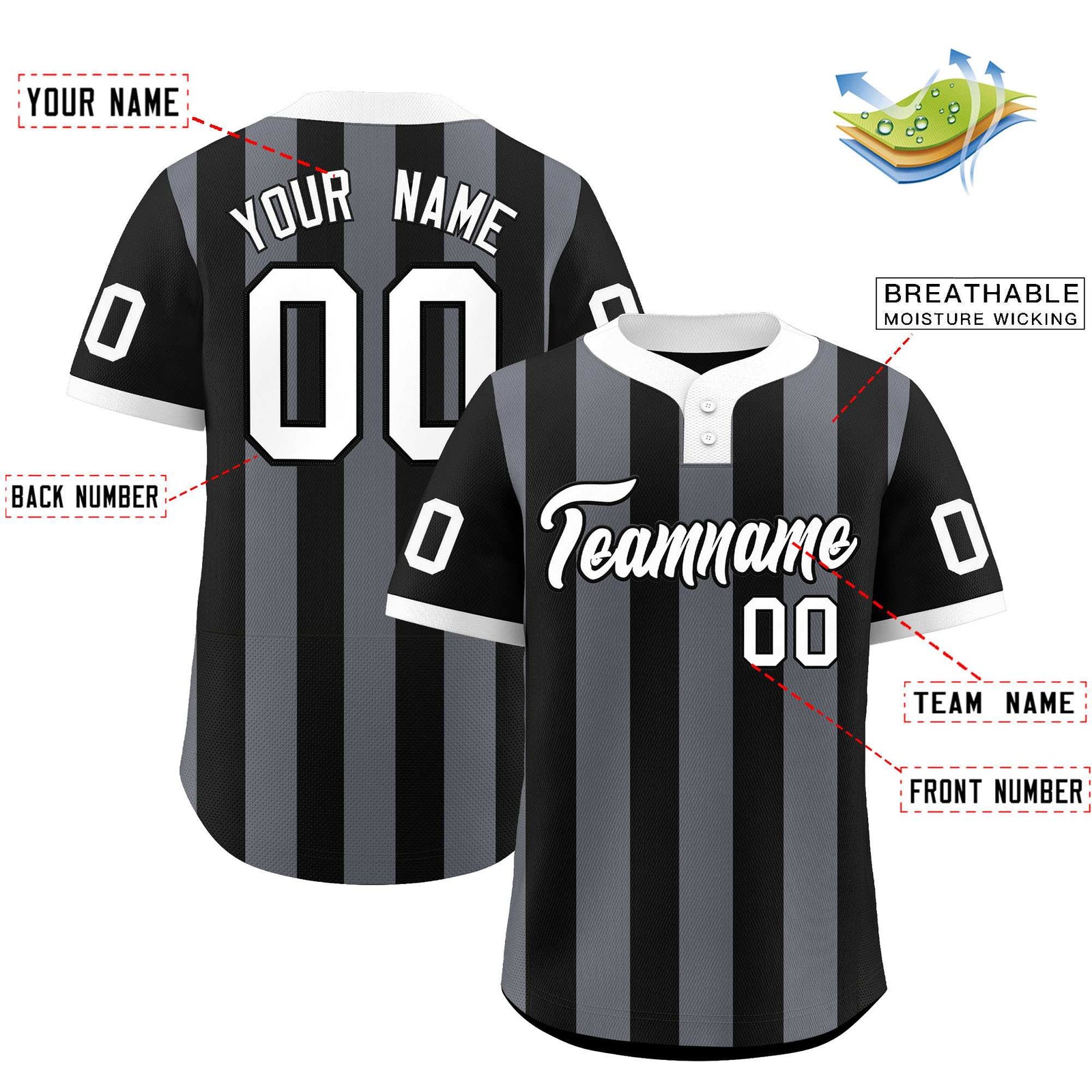 Custom Black Dark Gray Stripe Fashion Authentic Two-Button Softball Jersey