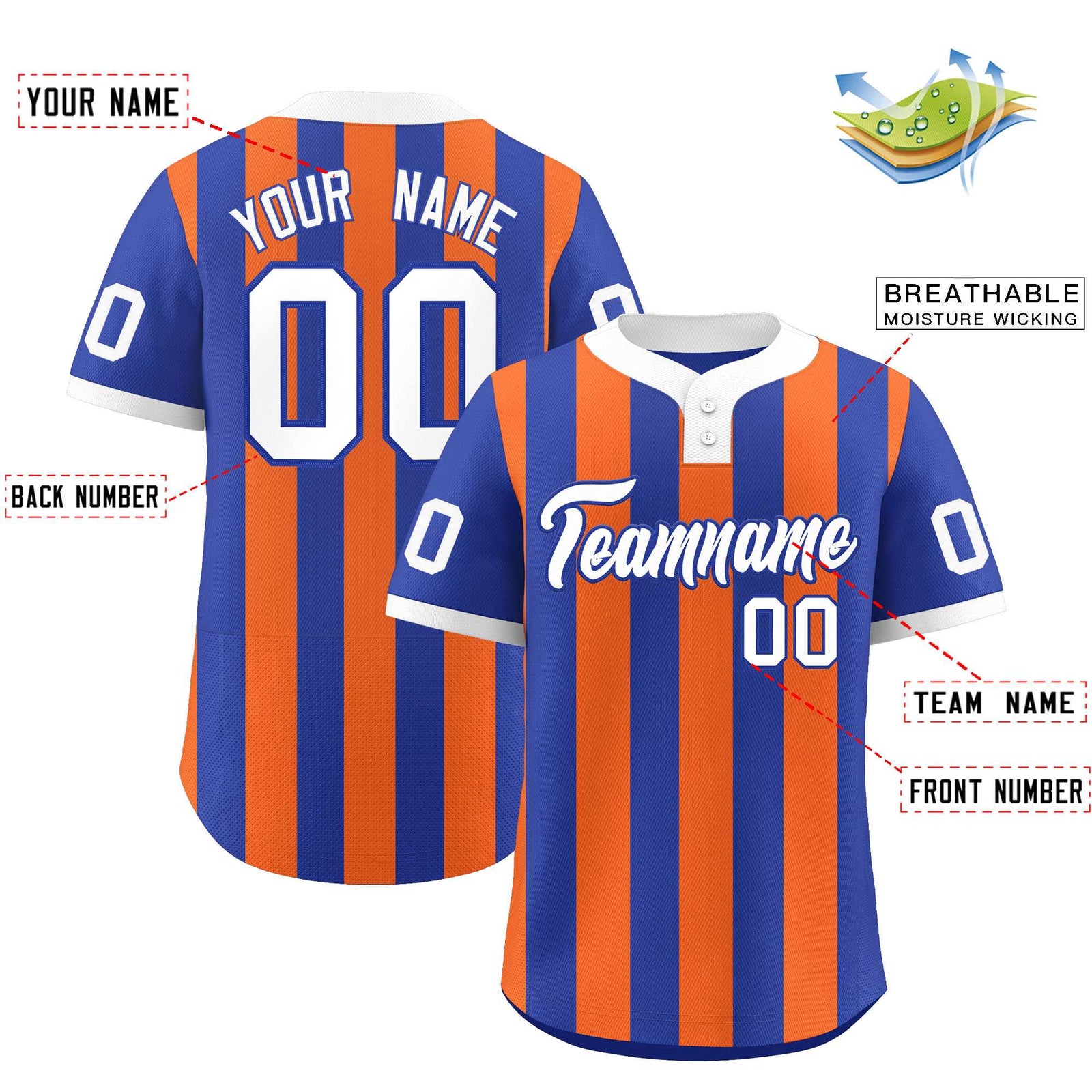 Custom Royal Orange Stripe Fashion Authentic Two-Button Softball Jersey