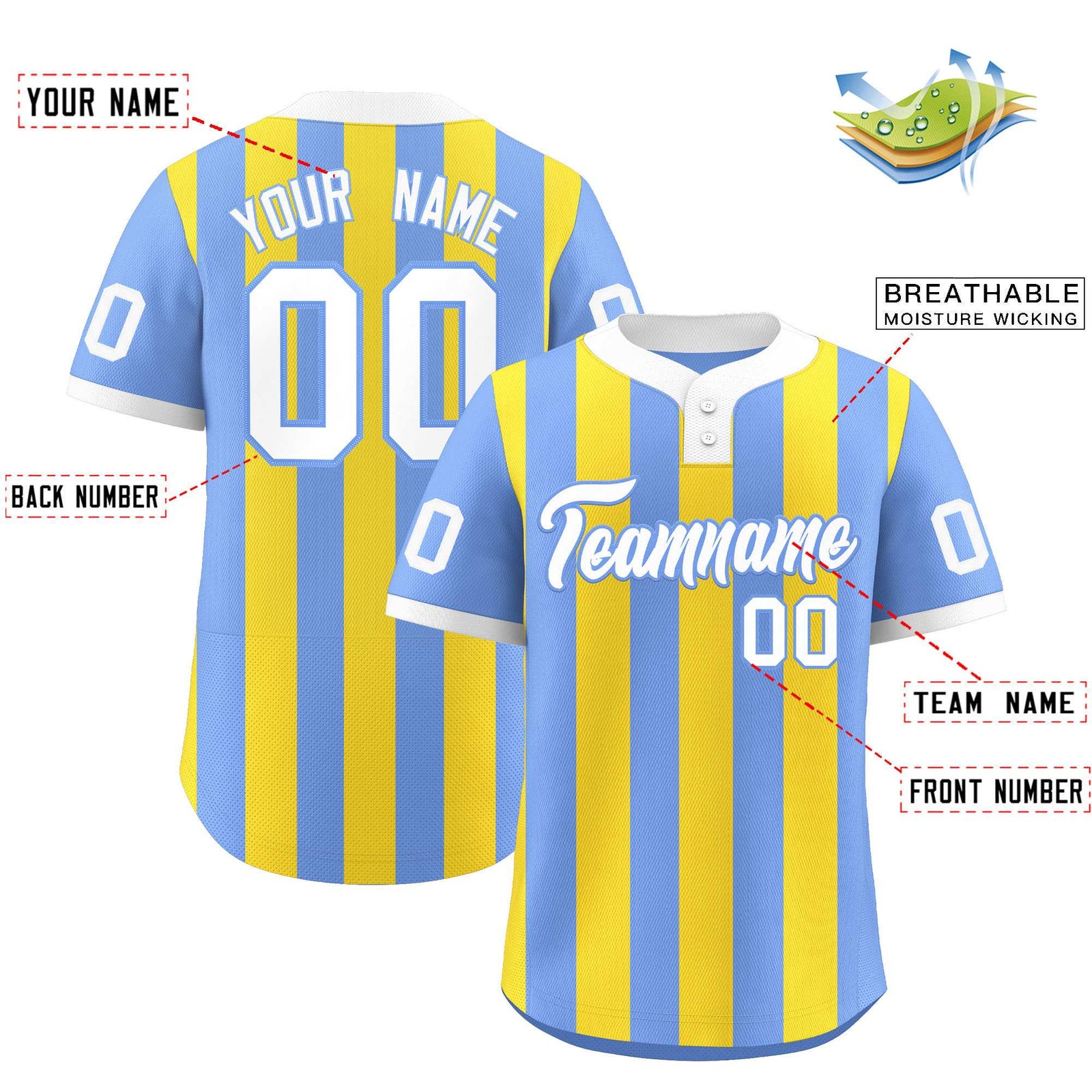 Custom Light Blue Gold Stripe Fashion Authentic Two-Button Softball Jersey
