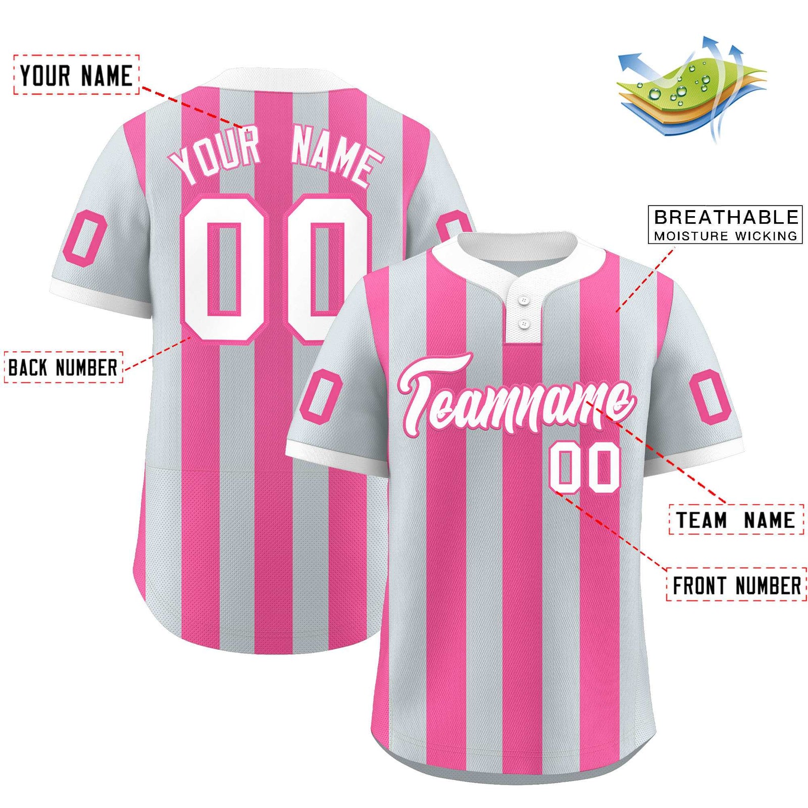 Custom Silver Pink Stripe Fashion Authentic Two-Button Softball Jersey