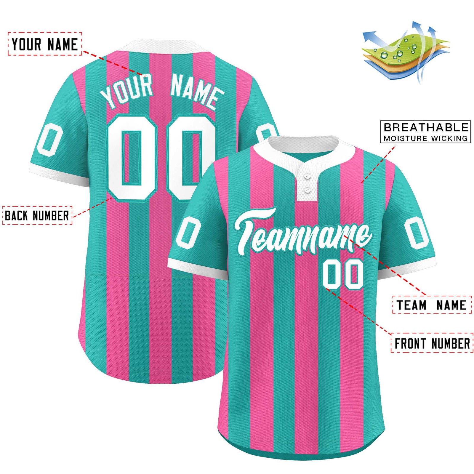 Custom Aqua Pink Stripe Fashion Authentic Two-Button Softball Jersey