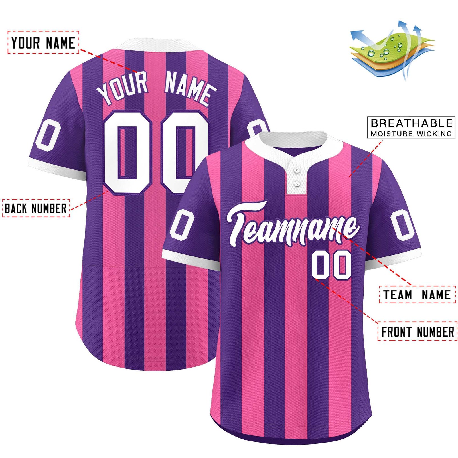 Custom Purple Pink Stripe Fashion Authentic Two-Button Softball Jersey
