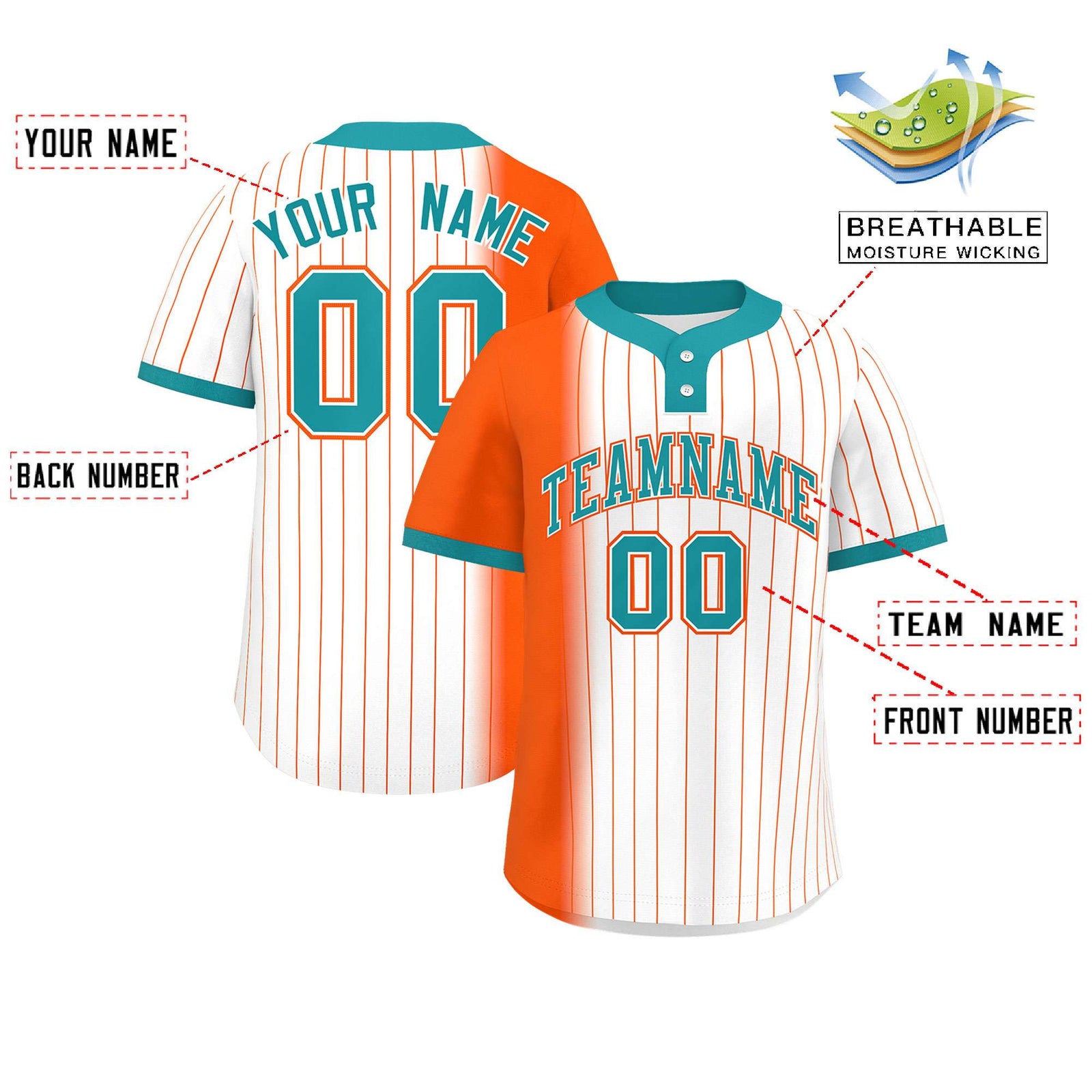 Custom Orange White-Aqua Gradient Stripe Fashion Authentic Two-Button Softball Jersey