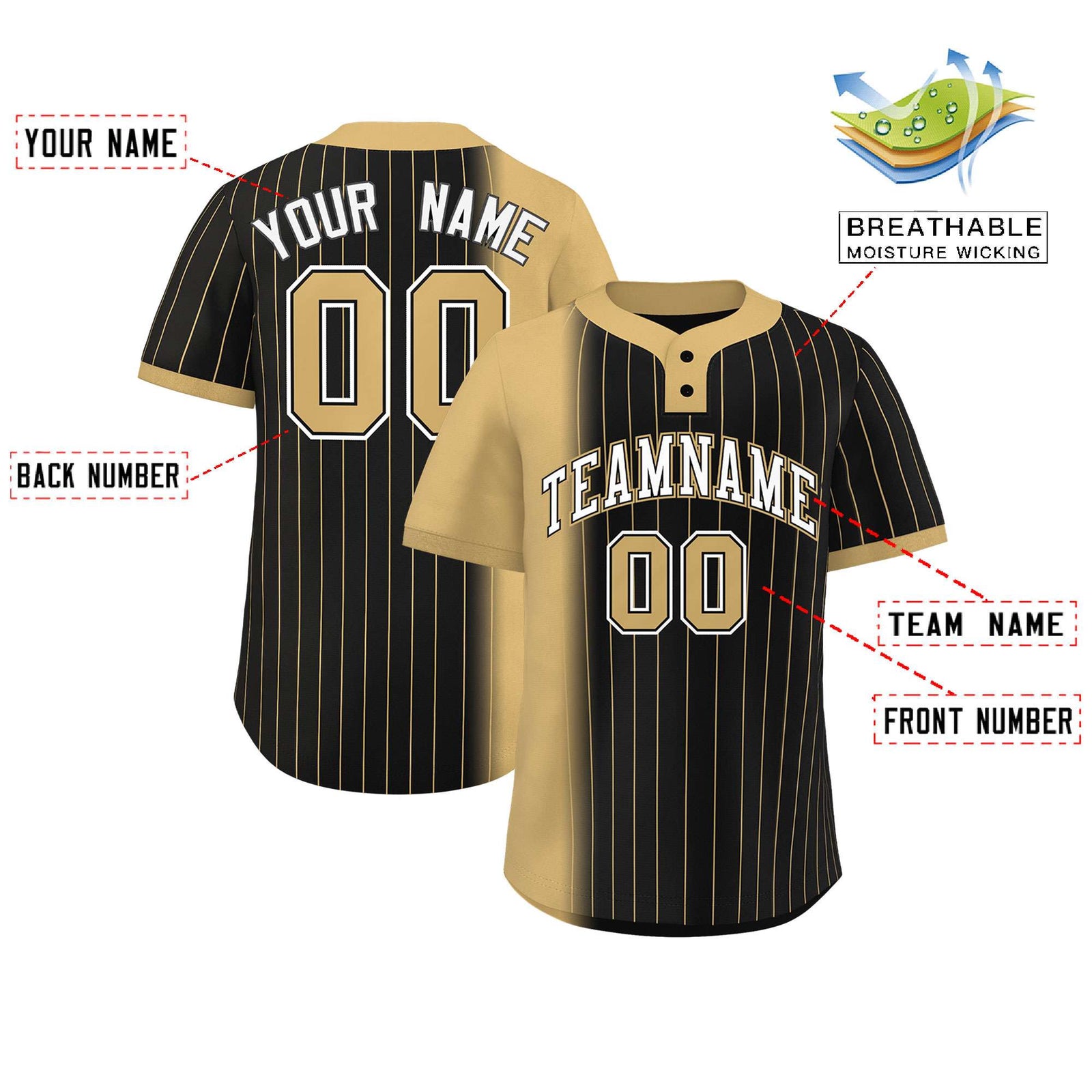 Custom Old Gold Black Gradient Stripe Fashion Authentic Two-Button Softball Jersey