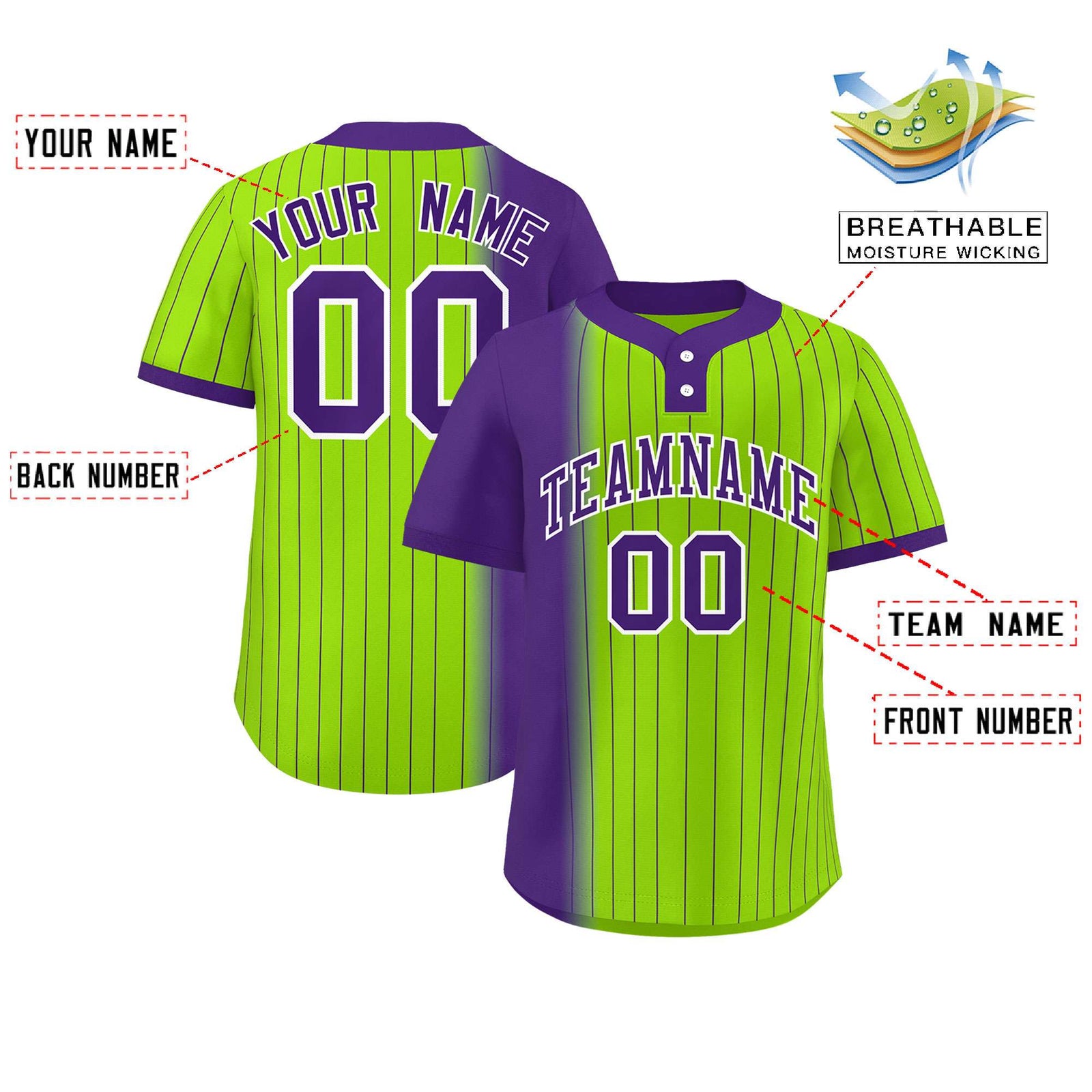Custom Purple Neon Green Gradient Stripe Fashion Authentic Two-Button Softball Jersey