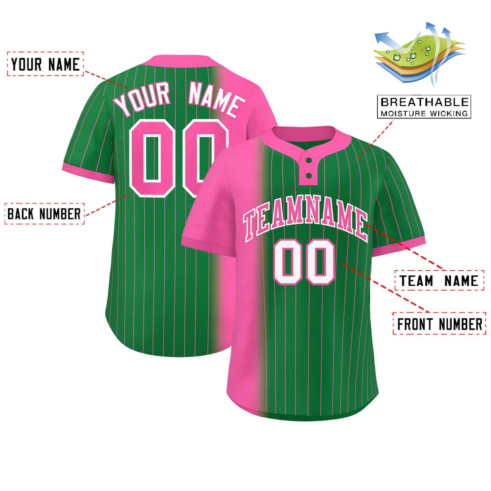Custom Pink Kelly Green Gradient Stripe Fashion Authentic Two-Button Softball Jersey