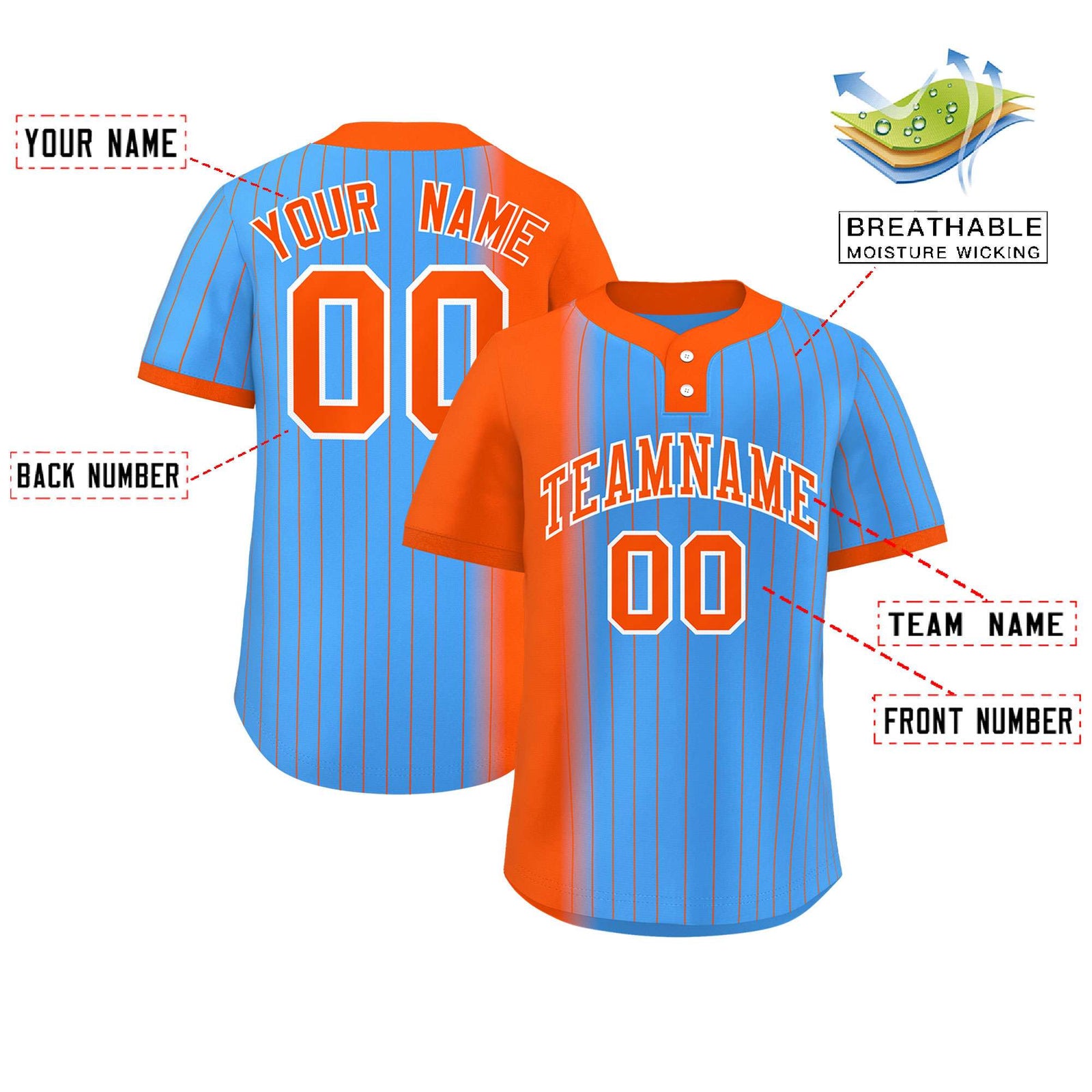 Custom Orange Powder Blue Gradient Stripe Fashion Authentic Two-Button Softball Jersey