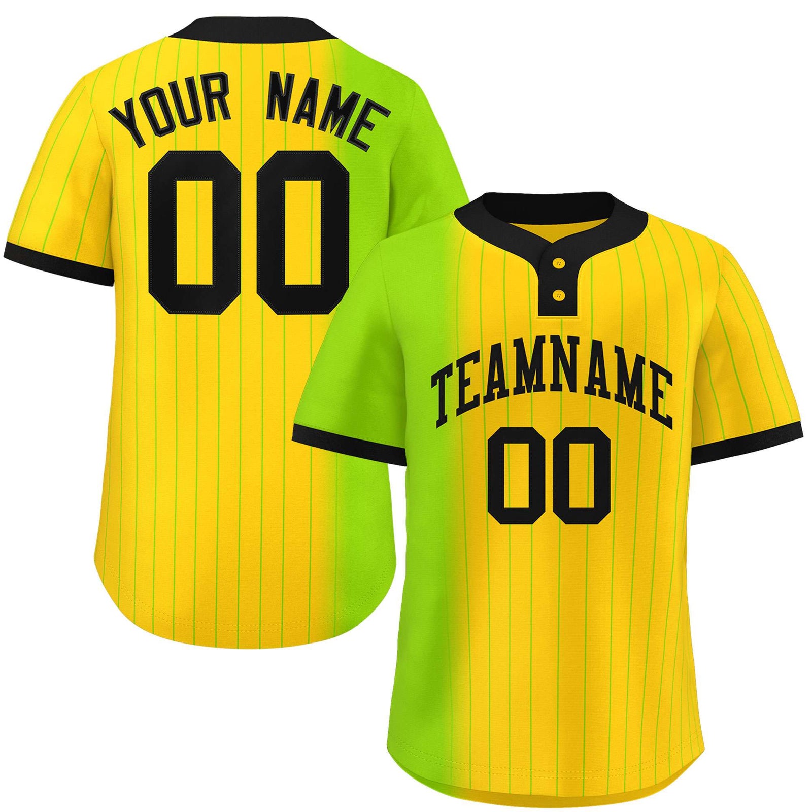 Custom Neon Green Gold Gradient Stripe Fashion Authentic Two-Button Softball Jersey