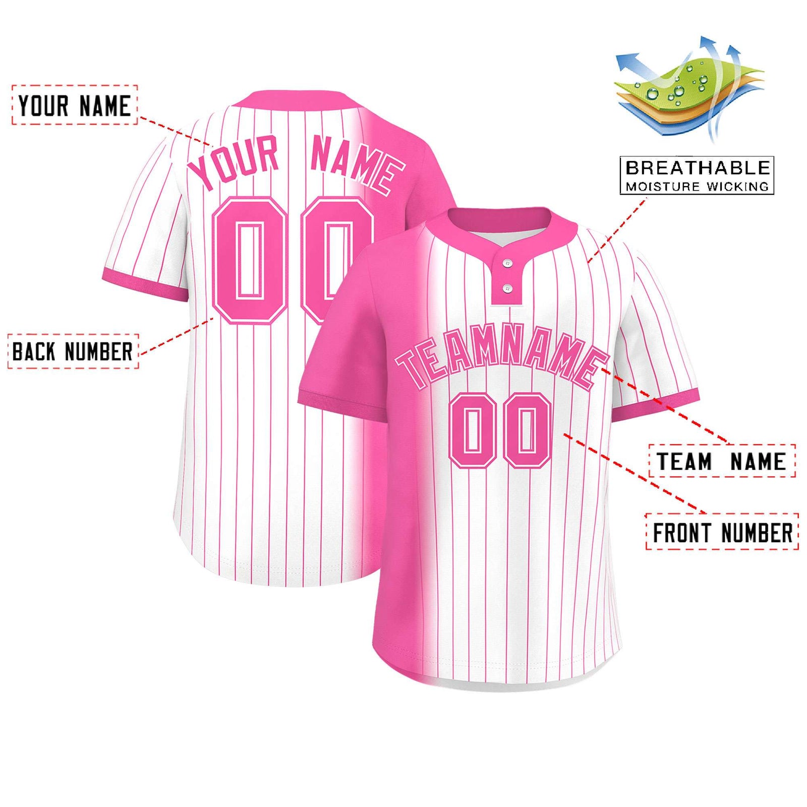 Custom Pink White Gradient Stripe Fashion Authentic Two-Button Softball Jersey