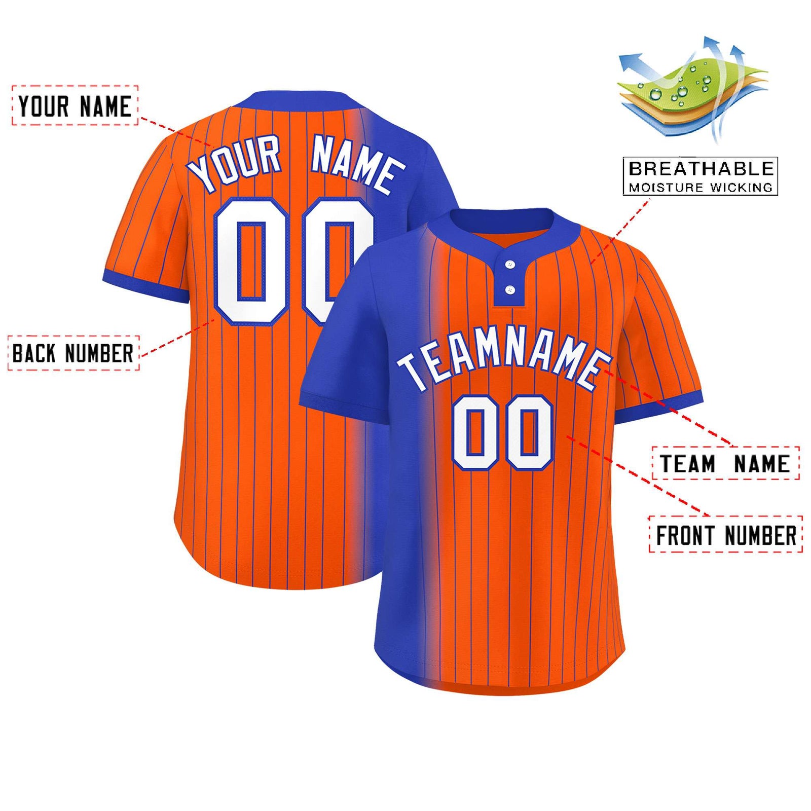 Custom Royal Orange Gradient Stripe Fashion Authentic Two-Button Softball Jersey