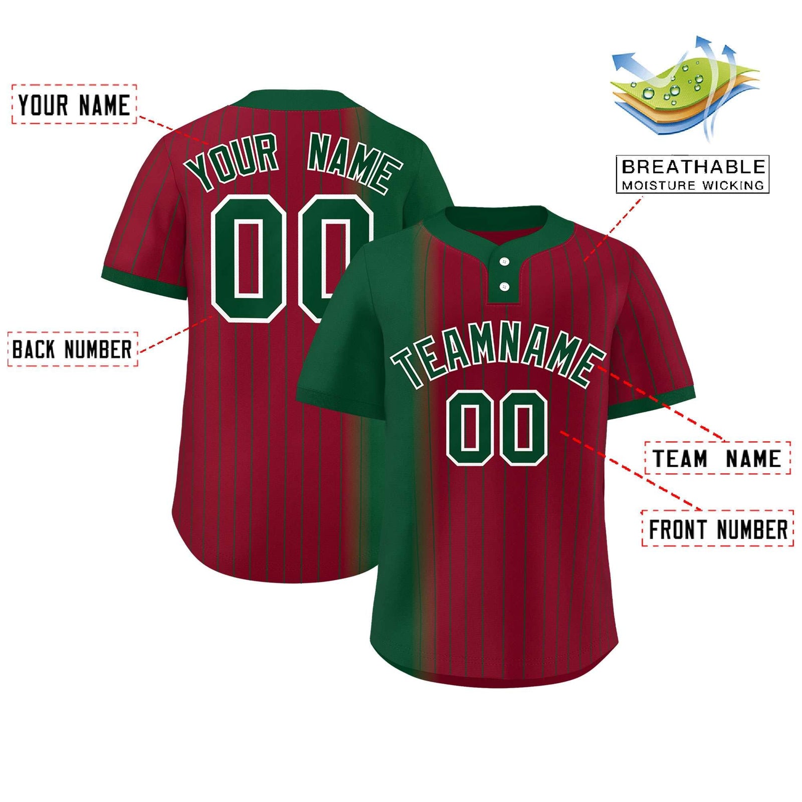 Custom Green Crimson Gradient Stripe Fashion Authentic Two-Button Softball Jersey