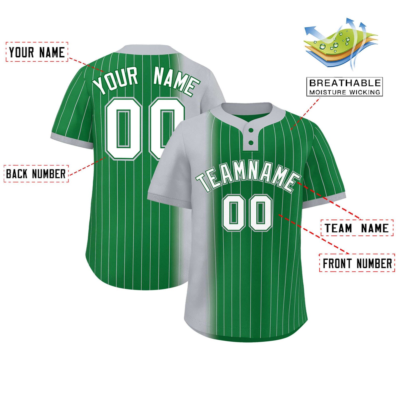 Custom Gray Kelly Green Gradient Stripe Fashion Authentic Two-Button Softball Jersey